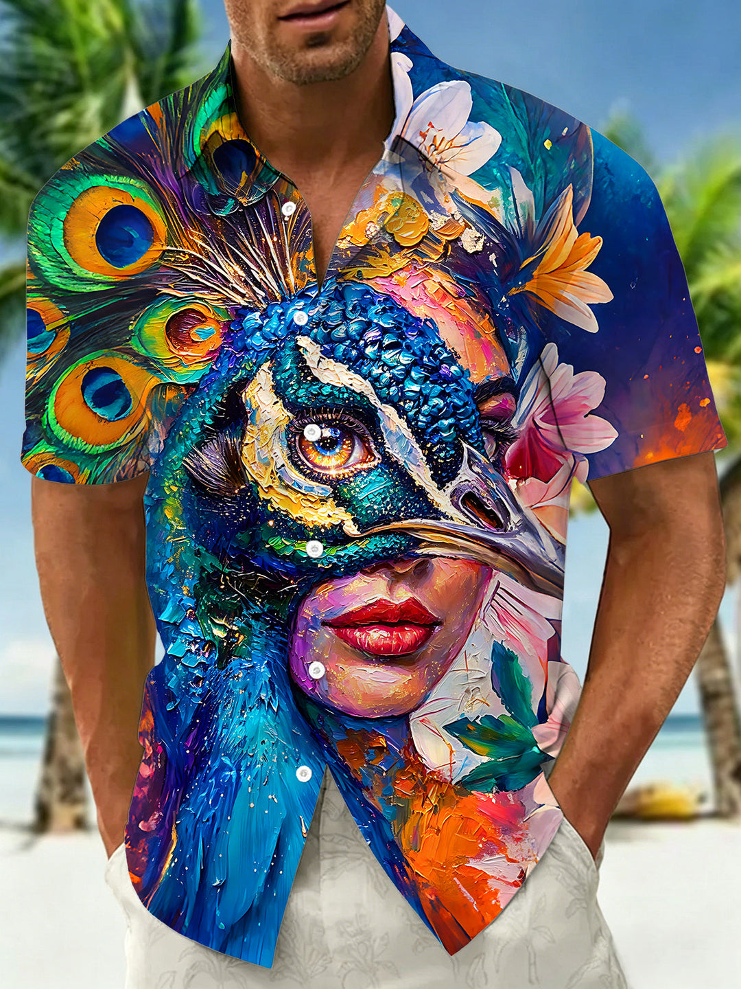 Art Colorful Peacock Mask Woman Oil Painting Men's Pocket Short Sleeve Shirts