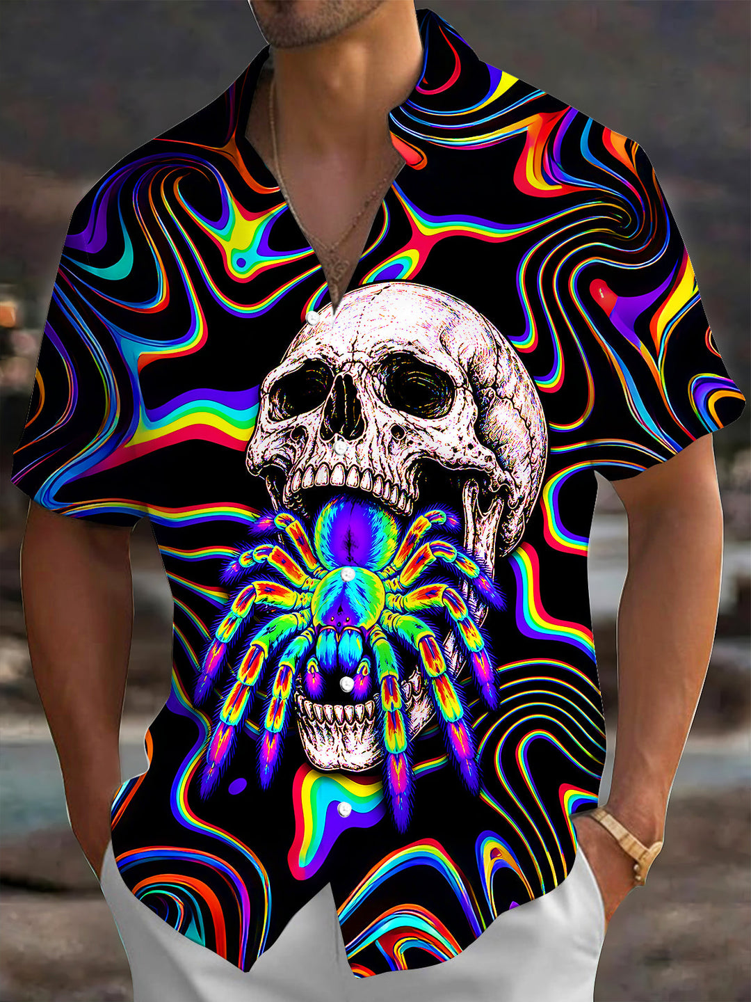Dark Psychedelic Skull Spider Men's Pocket Short Sleeve Shirts