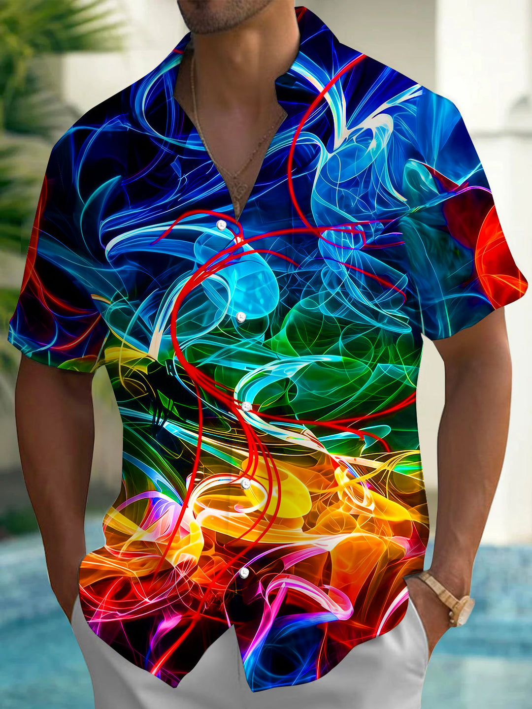 Colorful Abstract Fluid Light Lines Men's Pocket Short Sleeve Shirts