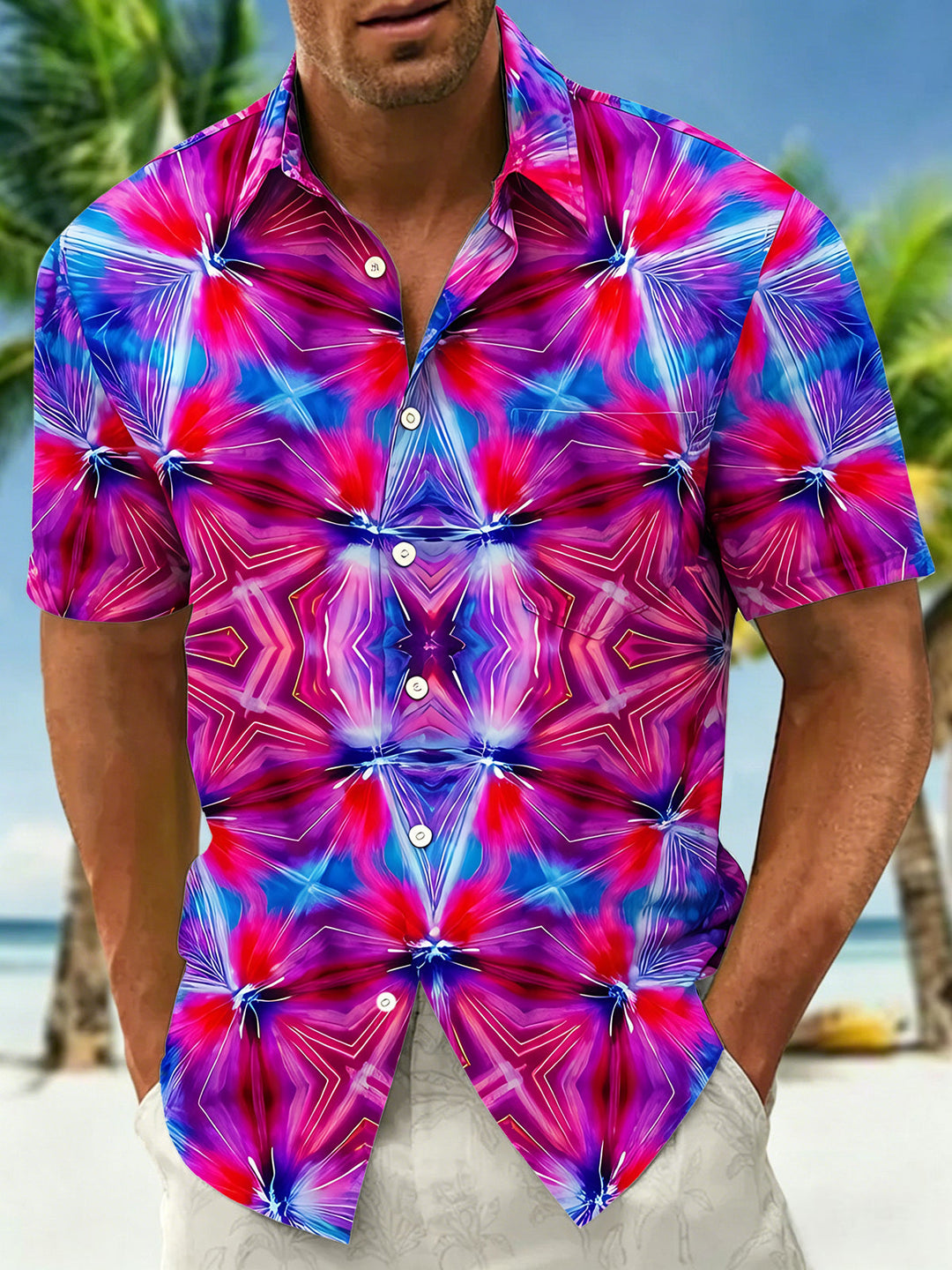 Colorful Abstract Kaleidoscope Symmetric Geometry Men's Pocket Short Sleeve Shirts