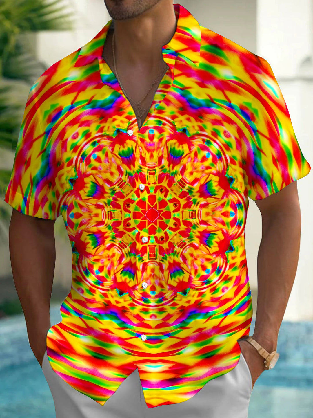 Psychedelic Colorful Abstract Mandala Pattern Men's Pocket Short Sleeve Shirts