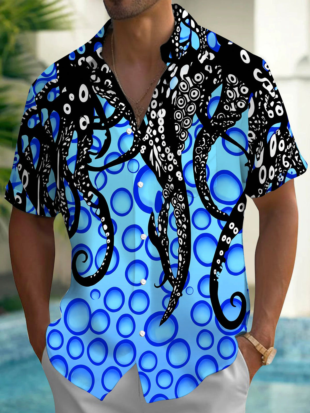 Color Block Octopus Pattern Men's Pocket Short Sleeve Shirts