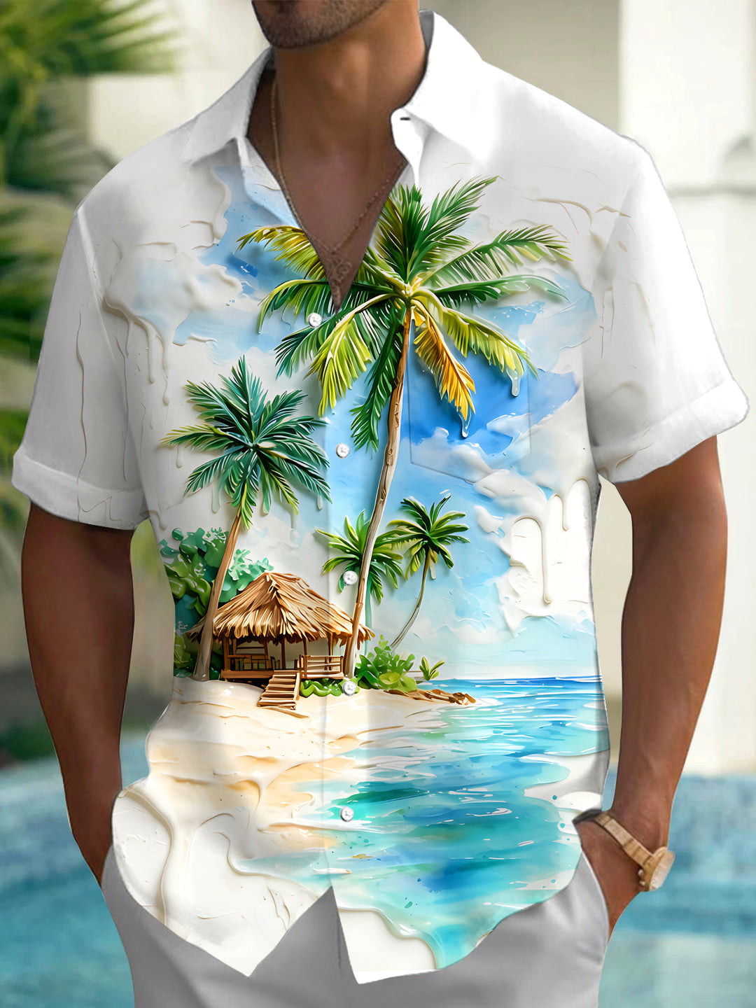 Art Relief Hawaiian Island Coconut Tree Hut Men's Pocket Short Sleeve Shirts