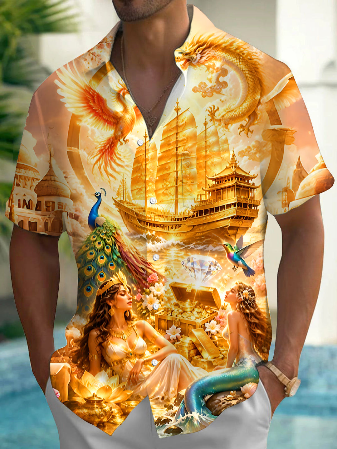 Art Golden Dragon Phoenix Treasure Mermaid Men's Pocket Short Sleeve Shirts