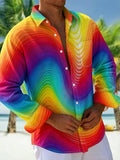 Oceanlyte Men's Hawaiian Rainbow Gradient Waves Print Long Sleeve Shirt with Chest Pocket