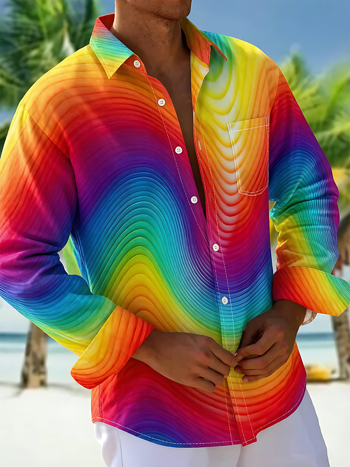 Oceanlyte Men's Hawaiian Rainbow Gradient Waves Print Long Sleeve Shirt with Chest Pocket