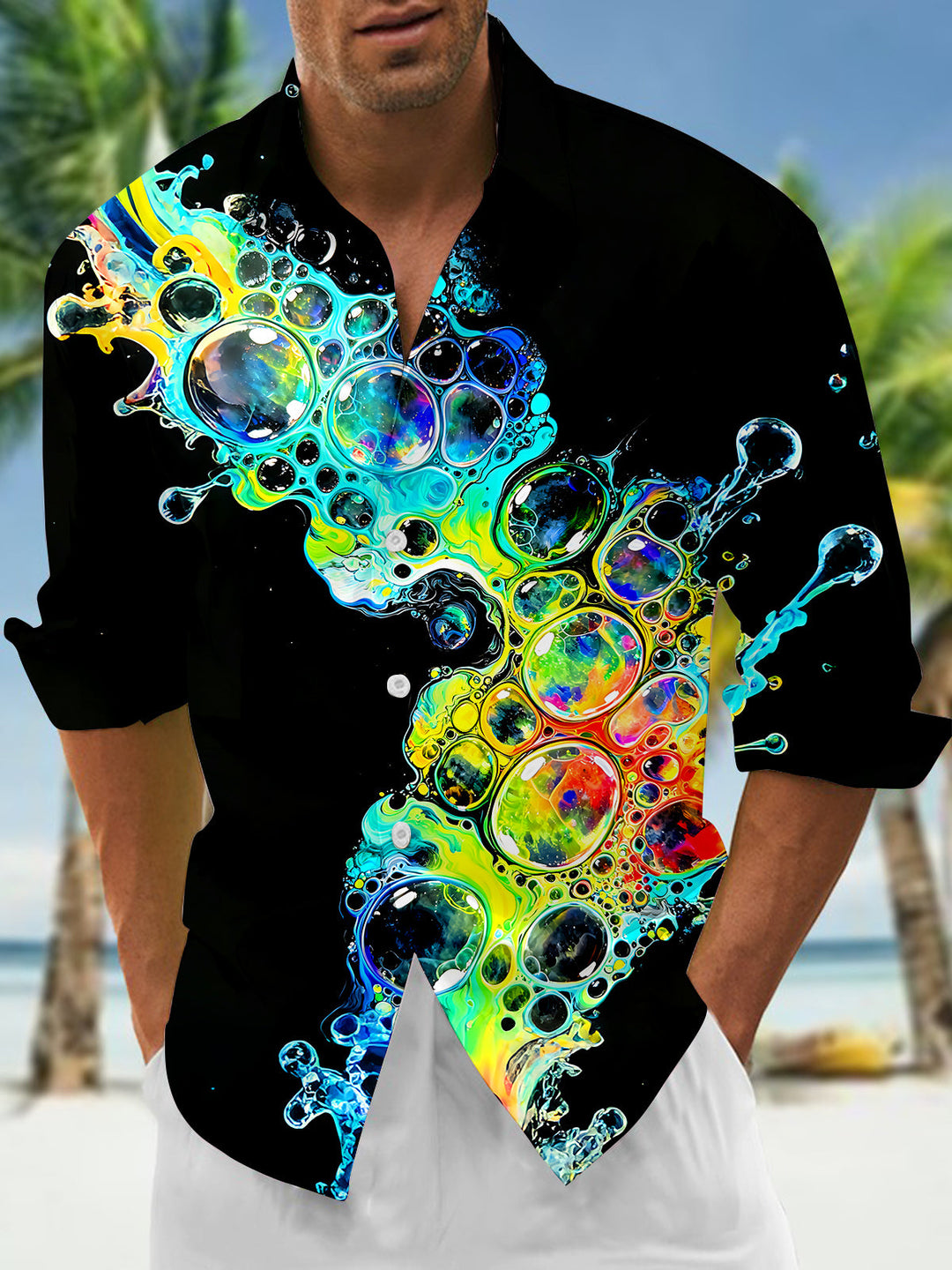 Colorful Fluid Bubbles Men's Pocket Long Sleeve Shirts