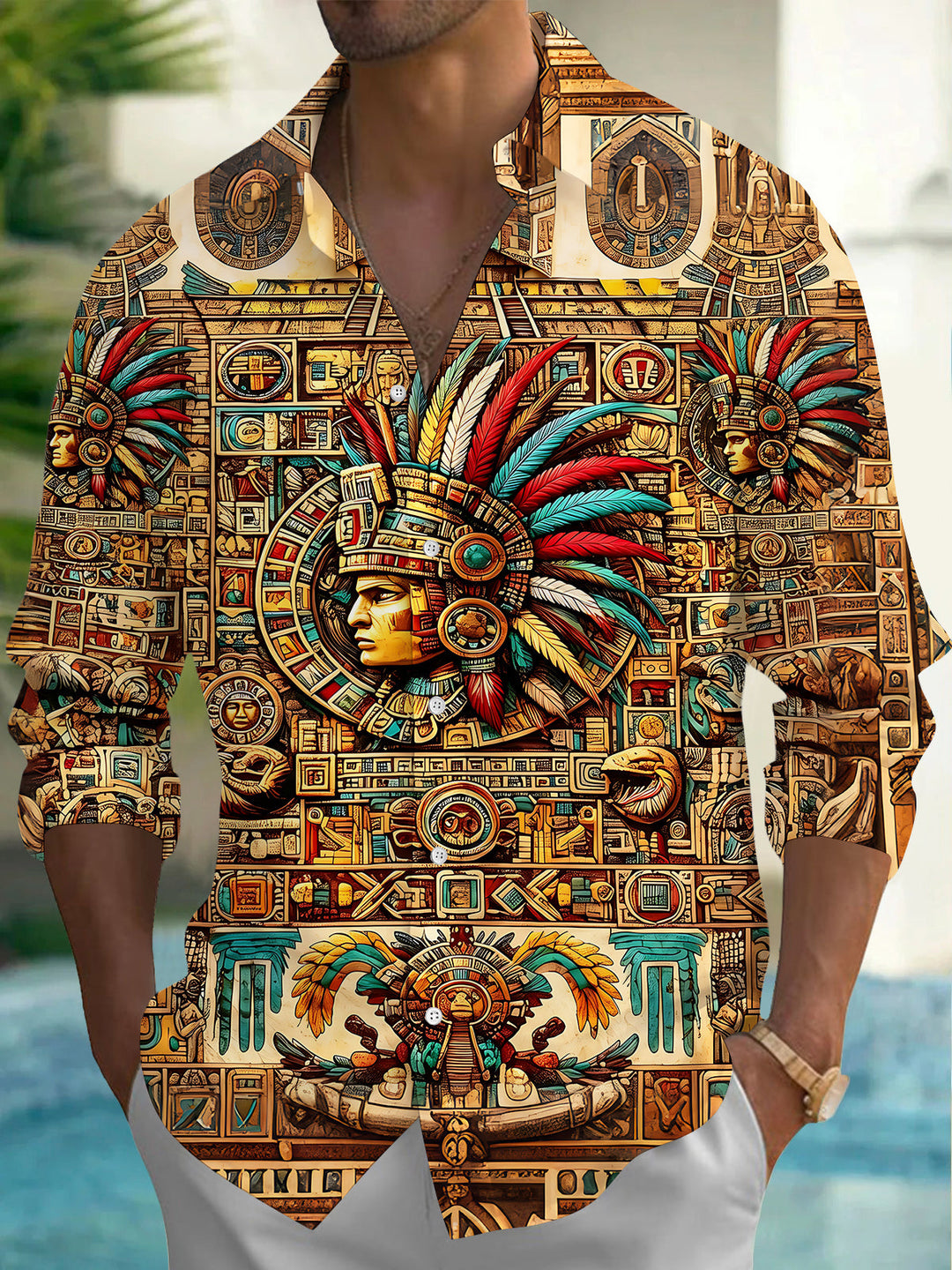 Vintage Mayan Civilization Ethnic Totem Men's Pocket Long Sleeve Shirts