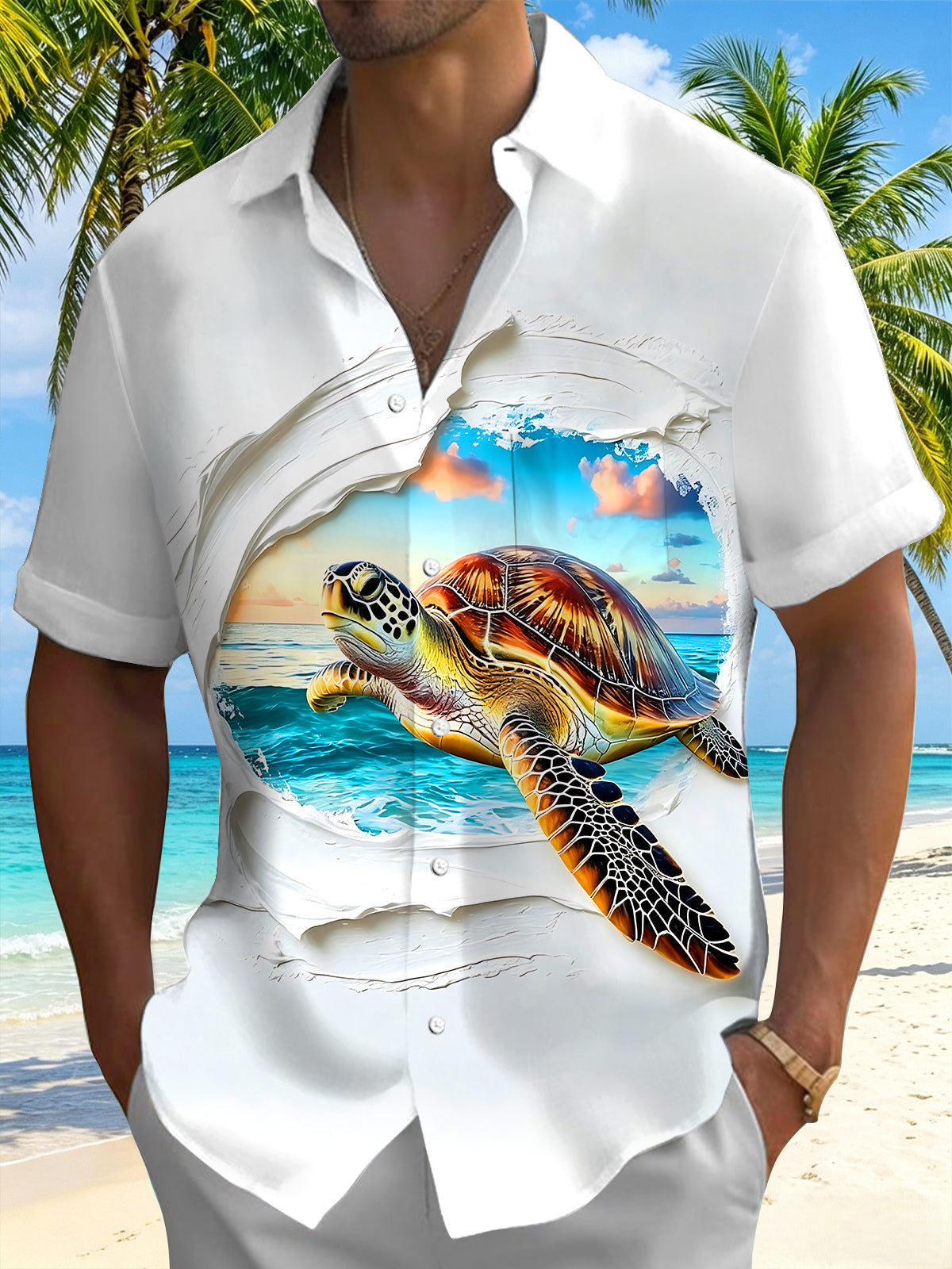 Oceanlyte Men's Hawaiian Sea Turtle Ocean View Print Short Sleeve Shirt with Chest Pocket