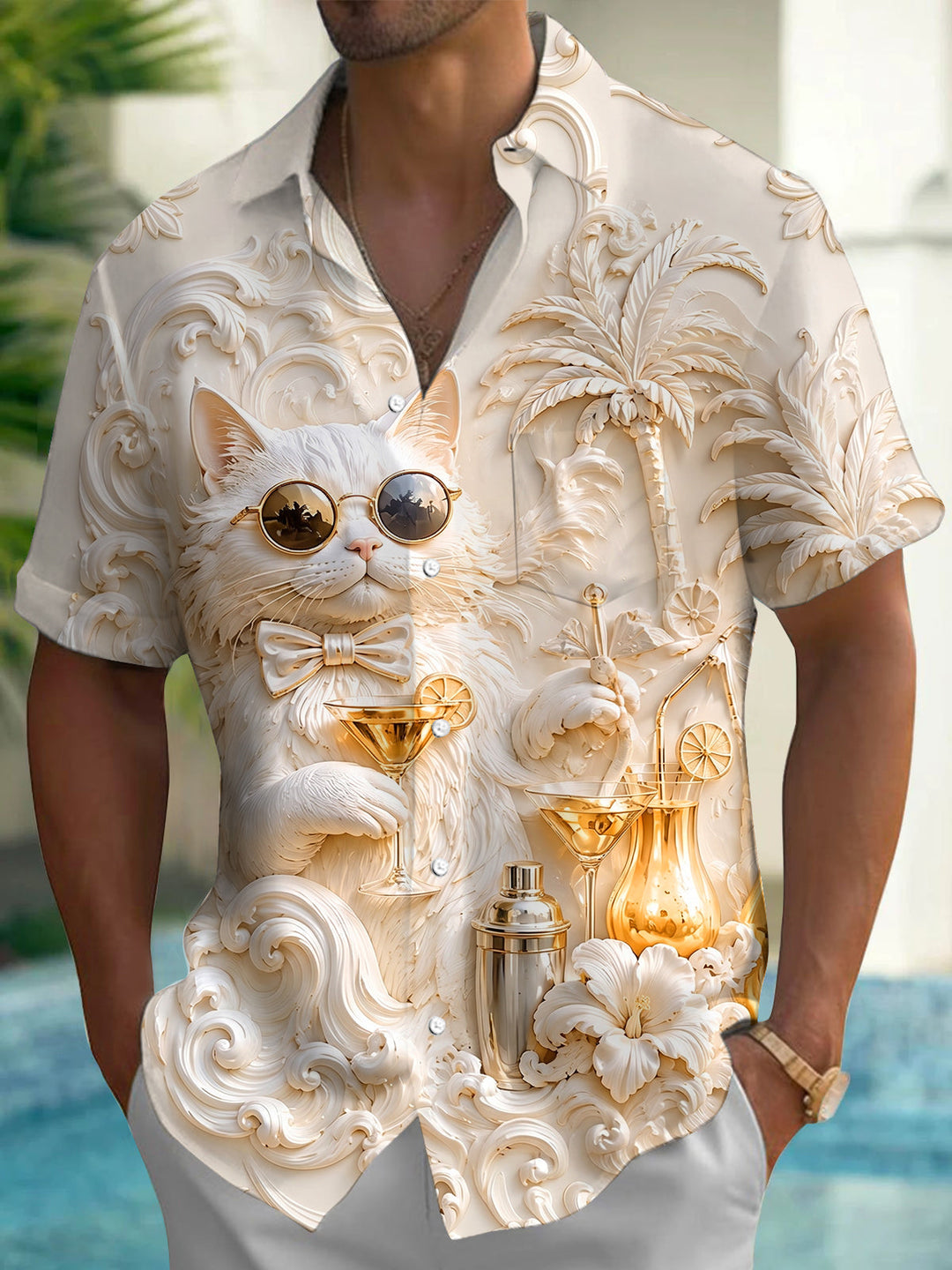 Art Relief Fun Cat With Sunglasses And Cocktails Men's Pocket Short Sleeve Shirts