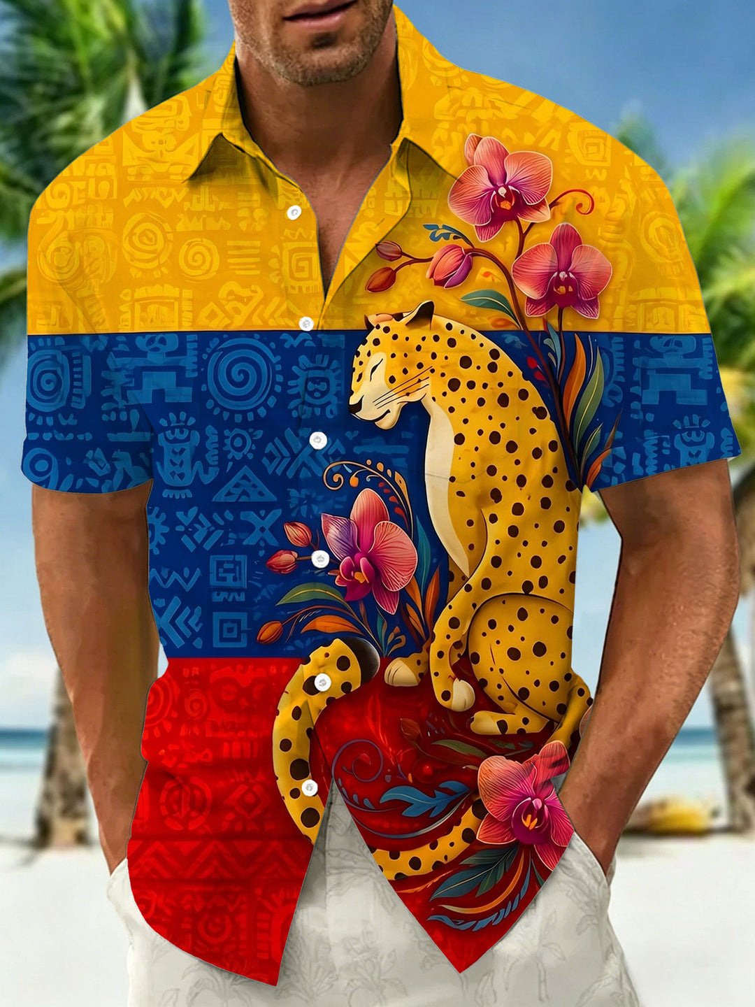 Leopard And Orchid Floral Ethnic Pattern Men's Pocket Short Sleeve Shirts