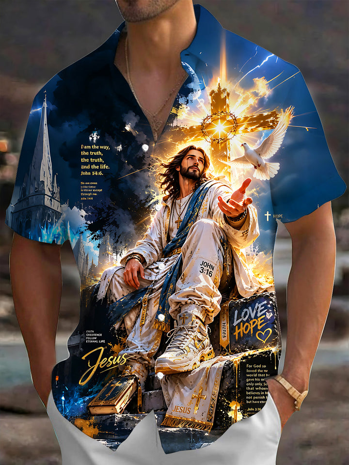 Oceanlyte Men's Graphic Cross And Dove Print Short Sleeve Shirt with Chest Pocket