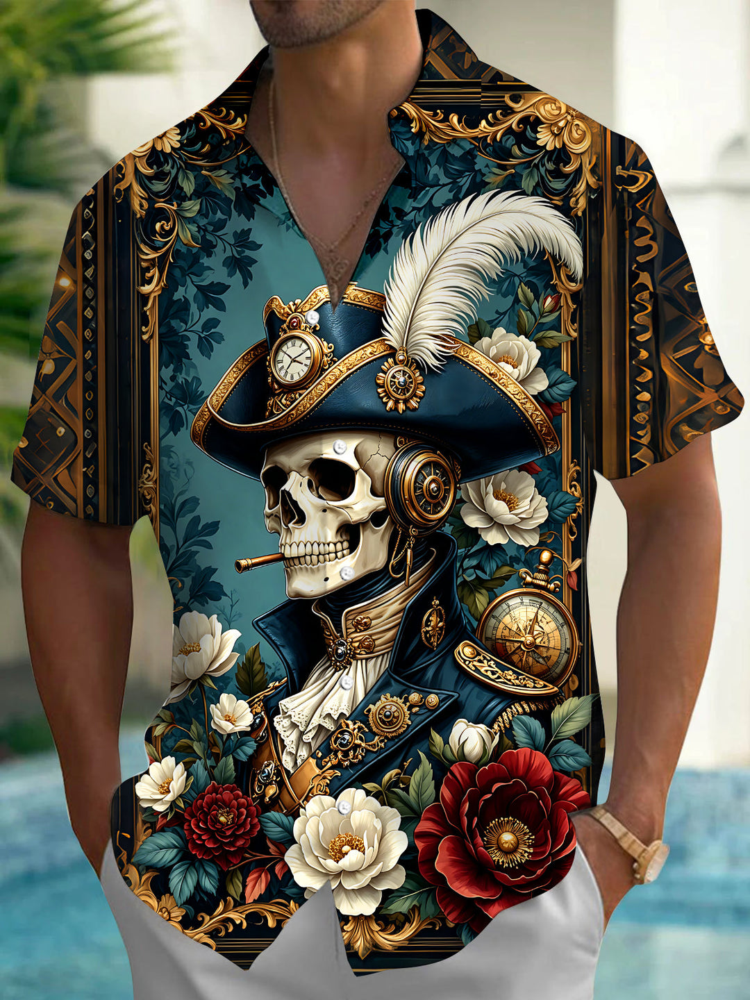 Vintage Skull Pirate And Floral Flowers  Men's Pocket Short Sleeve Shirts