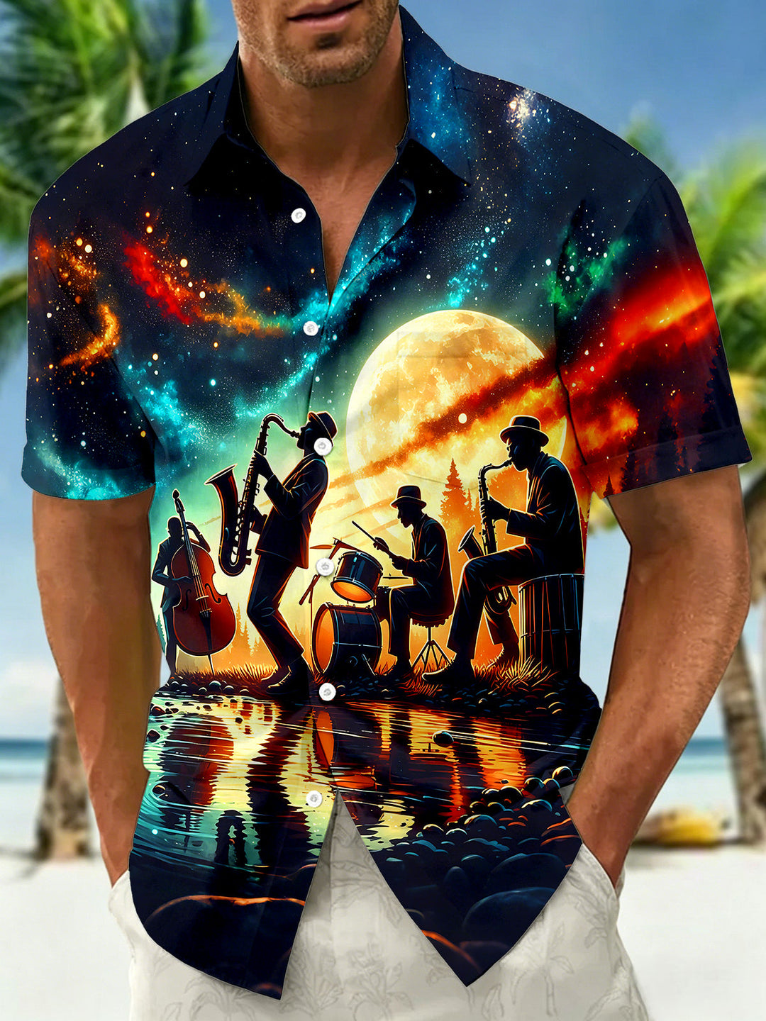 Starry Moon Night Jazz Music Band Men's Pocket Short Sleeve Shirts