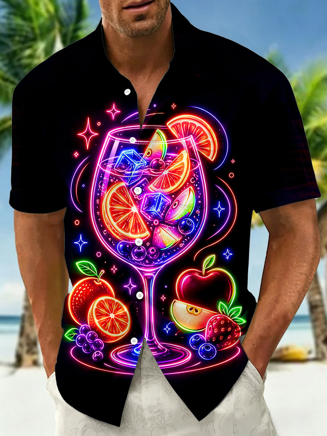 Neon Cocktail Fresh Fruits Men's Pocket Short Sleeve Shirts