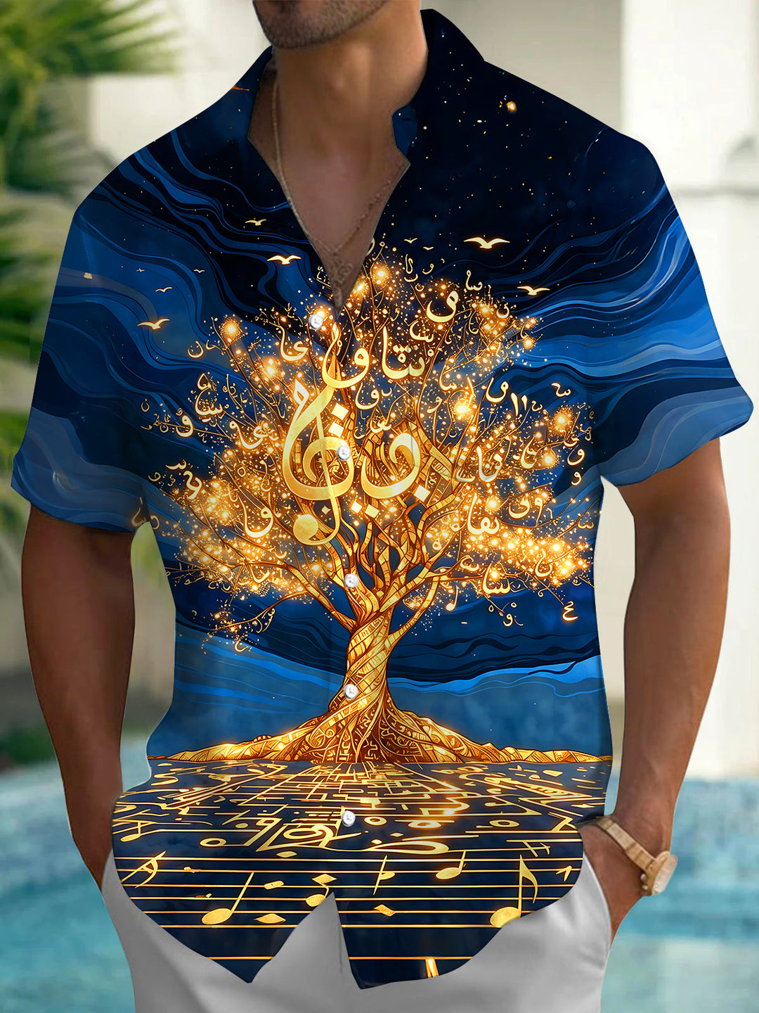Golden Music Note Tree Of Life Men's Pocket Short Sleeve Shirts