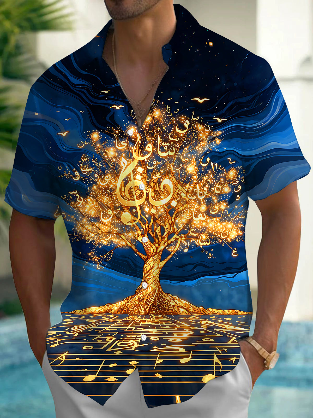 Oceanlyte Men's Hawaiian Golden Tree Of Life Print Short Sleeve Shirt with Chest Pocket