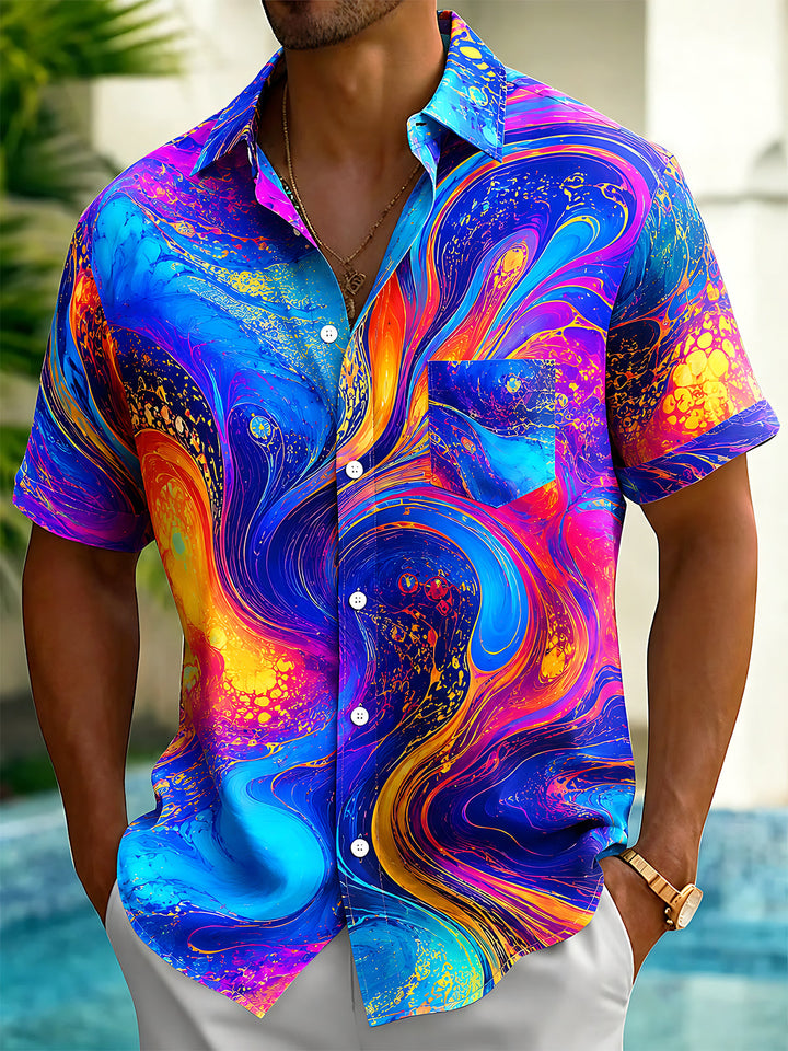 Oceanlyte Men's Hawaiian Swirling Liquid Oil Pattern Short Sleeve Shirt with Chest Pocket