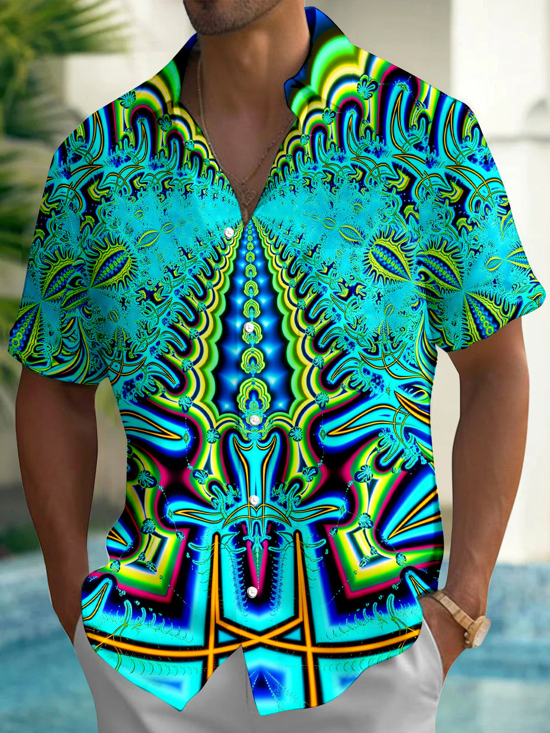 Psychedelic Abstract Mandala Geometric Pattern Men's Pocket Short Sleeve Shirts