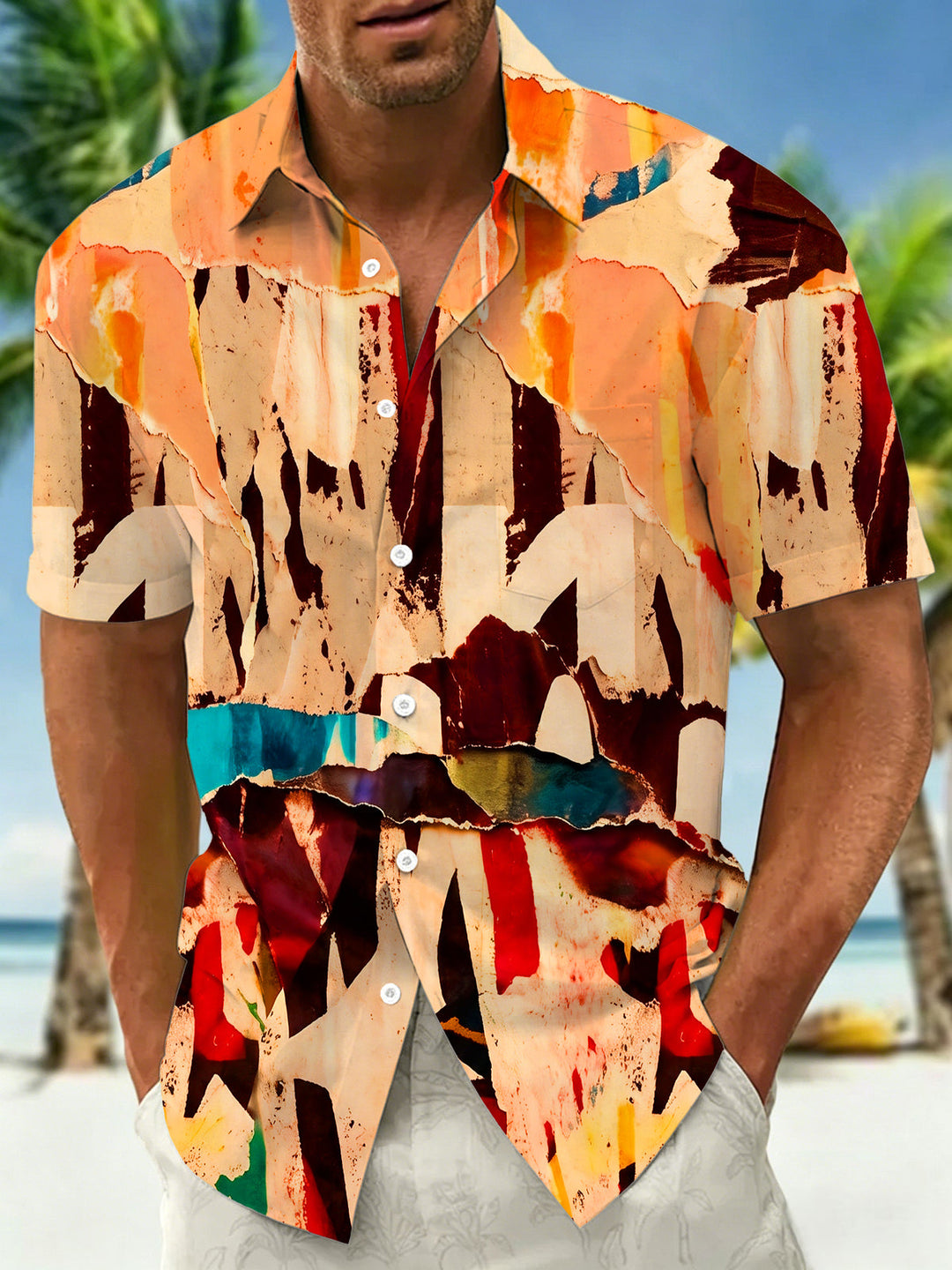 Vintage Torn Paper Abstract Graffiti Men's Pocket Short Sleeve Shirts
