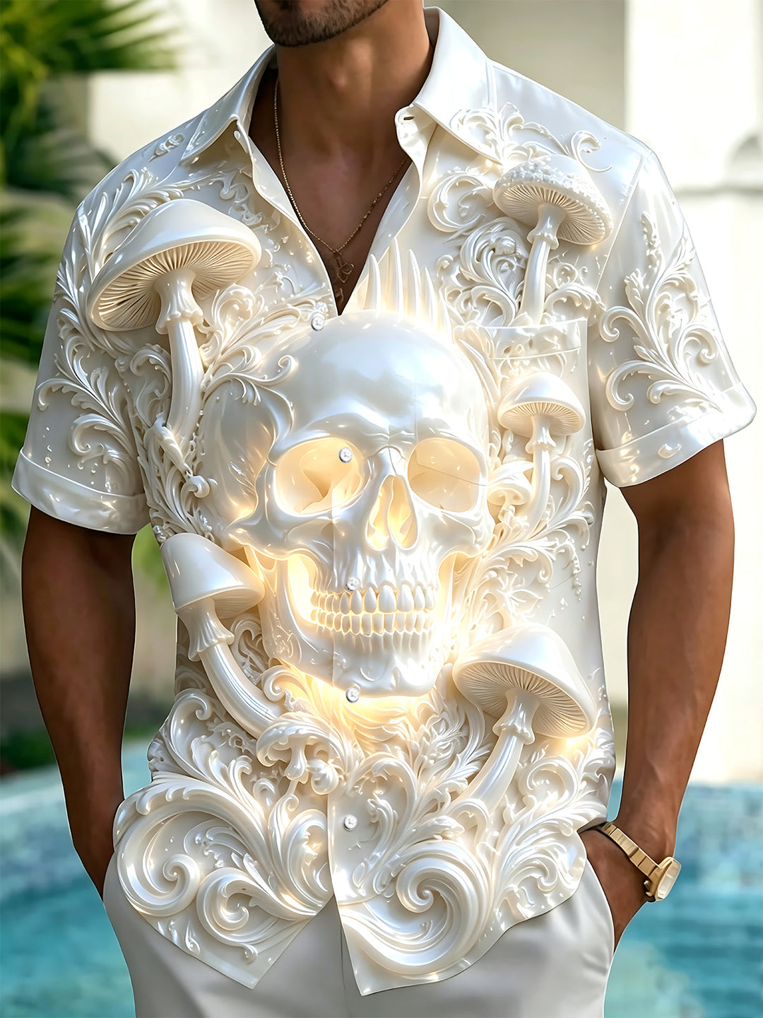 Art Relief Skull Mushroom Men's Pocket Short Sleeve Shirts