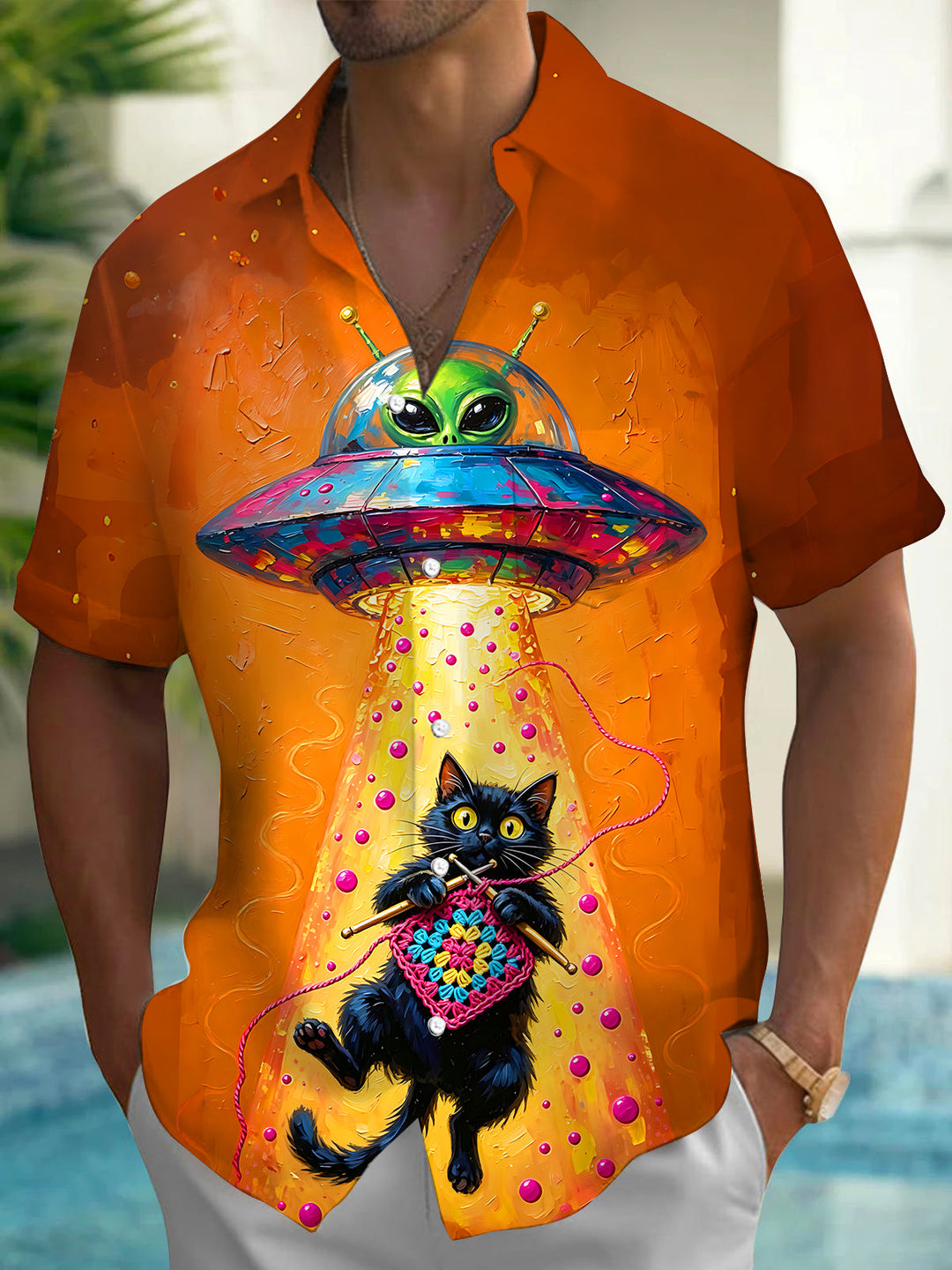 Vintage Fun UFO Alien Black Cat Men's Pocket Short Sleeve Shirts