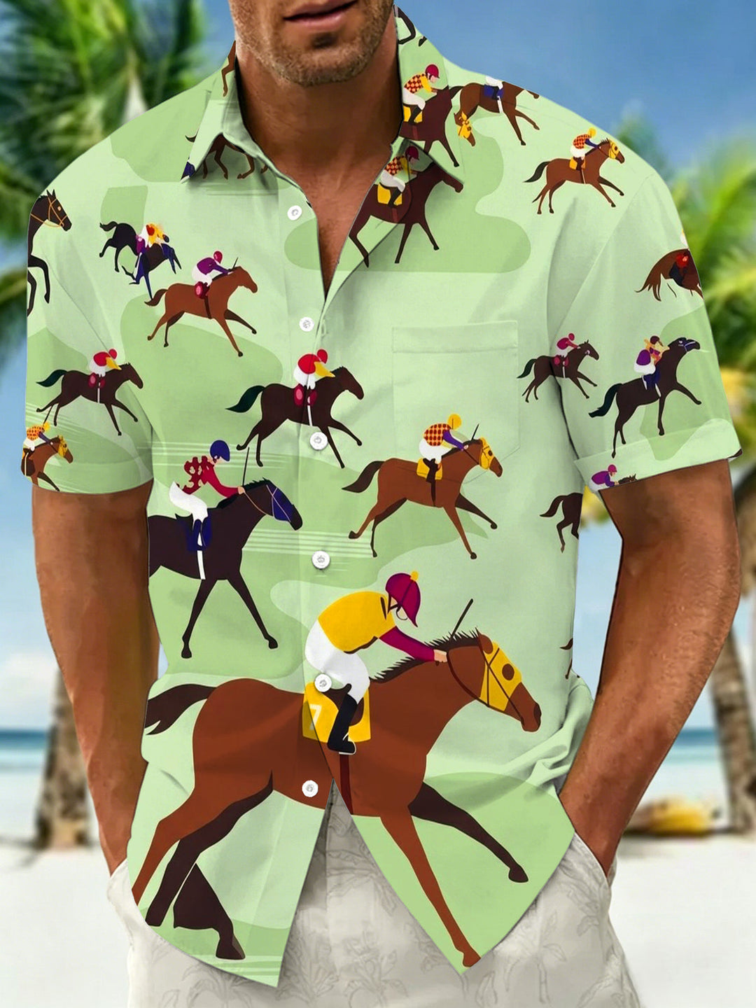 Vintage Horse Racing Jockey Men's Pocket Short Sleeve Shirts