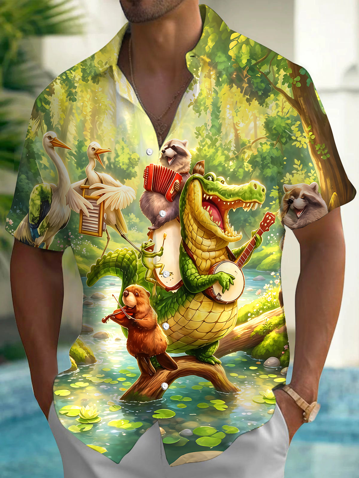 Oceanlyte Men's Hawaiian Musical Animals Print Short Sleeve Shirt with Chest Pocket