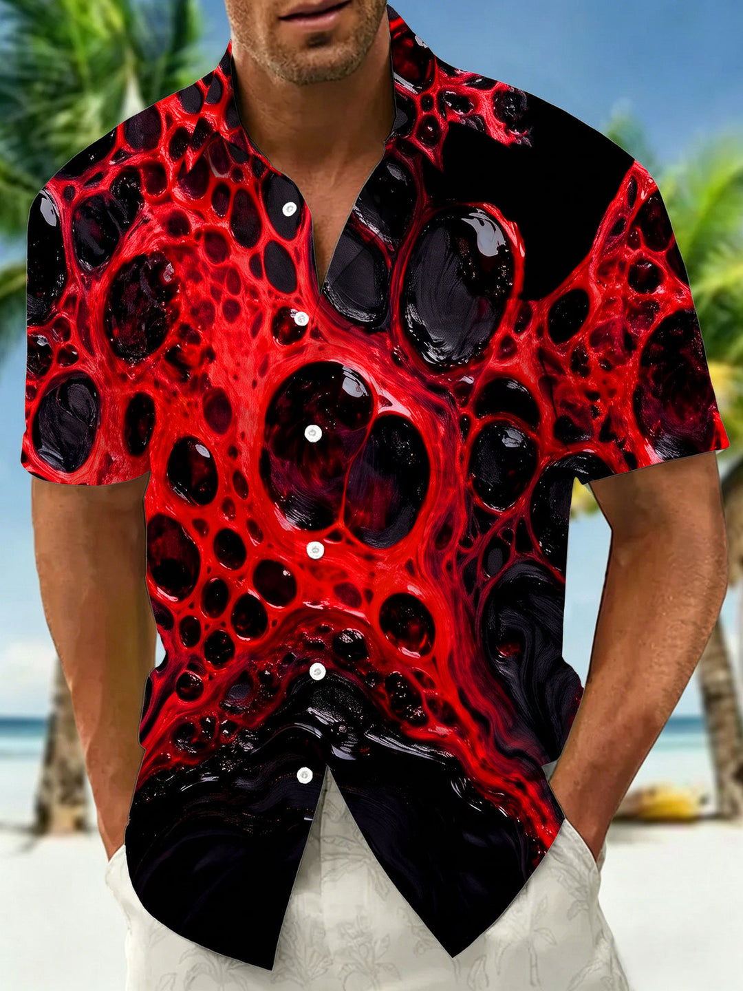 Red‑Black Fluid Lava Men's Pocket Short Sleeve Shirts