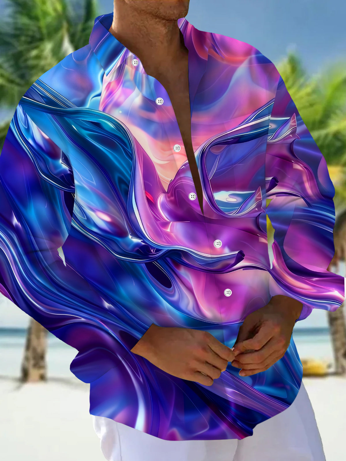 Oceanlyte Men's 3D Fluid Liquid Waves Print Long Sleeve Shirt with Chest Pocket