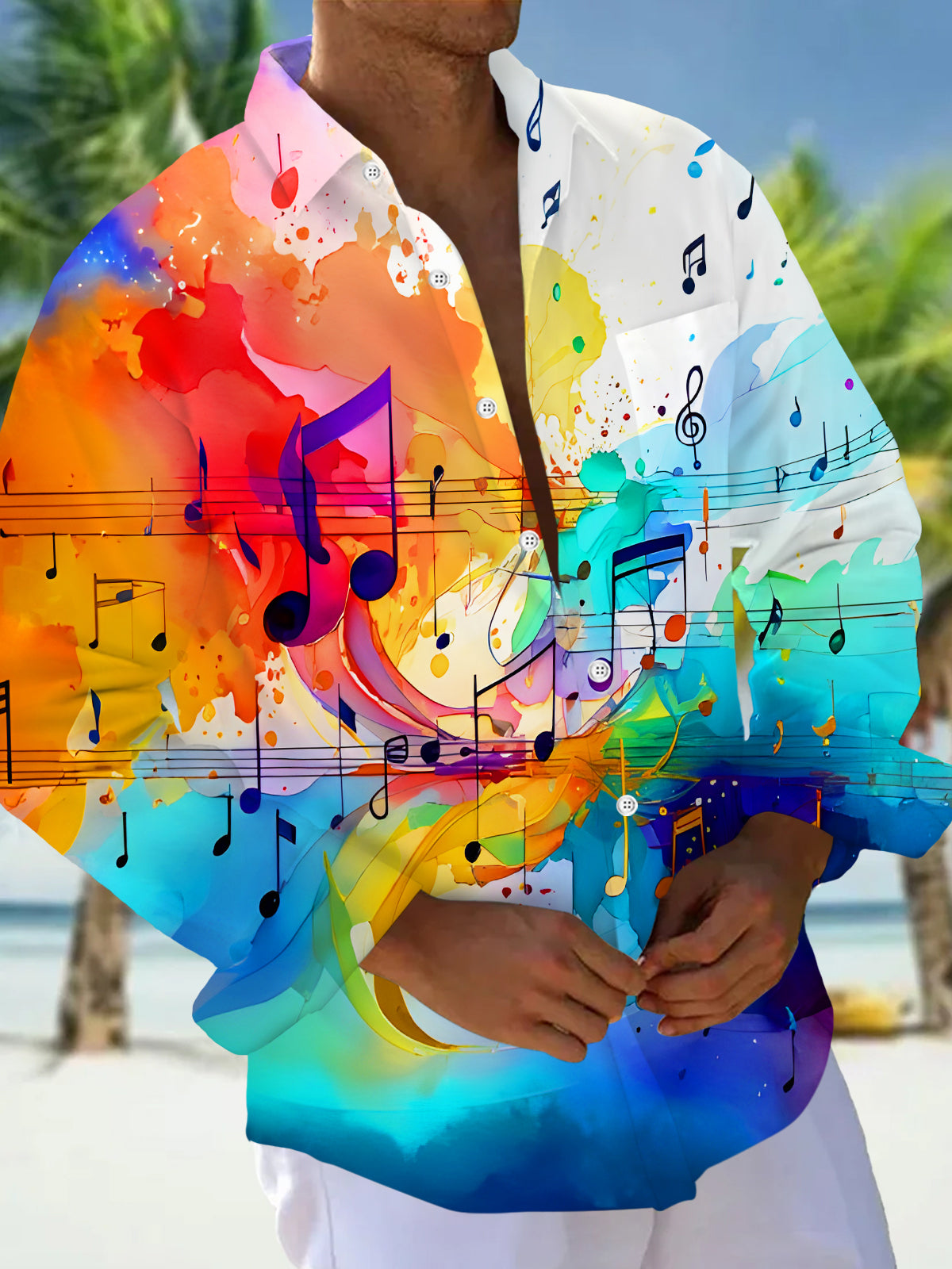 Oceanlyte Men's Graphic Watercolor Music Notes Print Long Sleeve Shirt with Chest Pocket