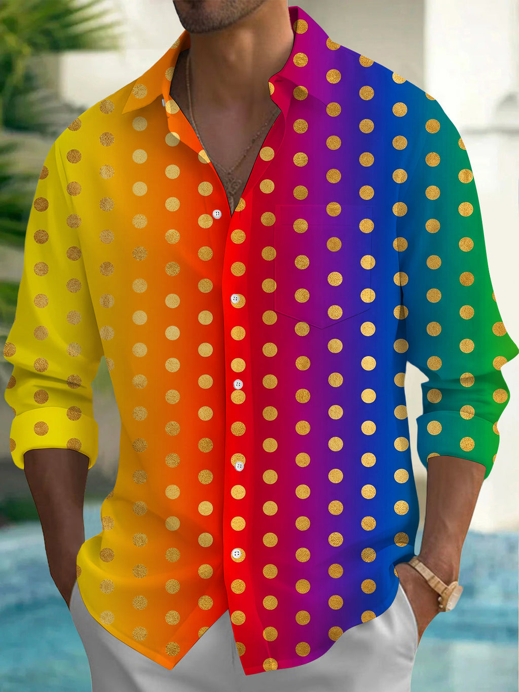 Oceanlyte Men's Patterned Gradient Polka Dots Print Long Sleeve Shirt with Chest Pocket