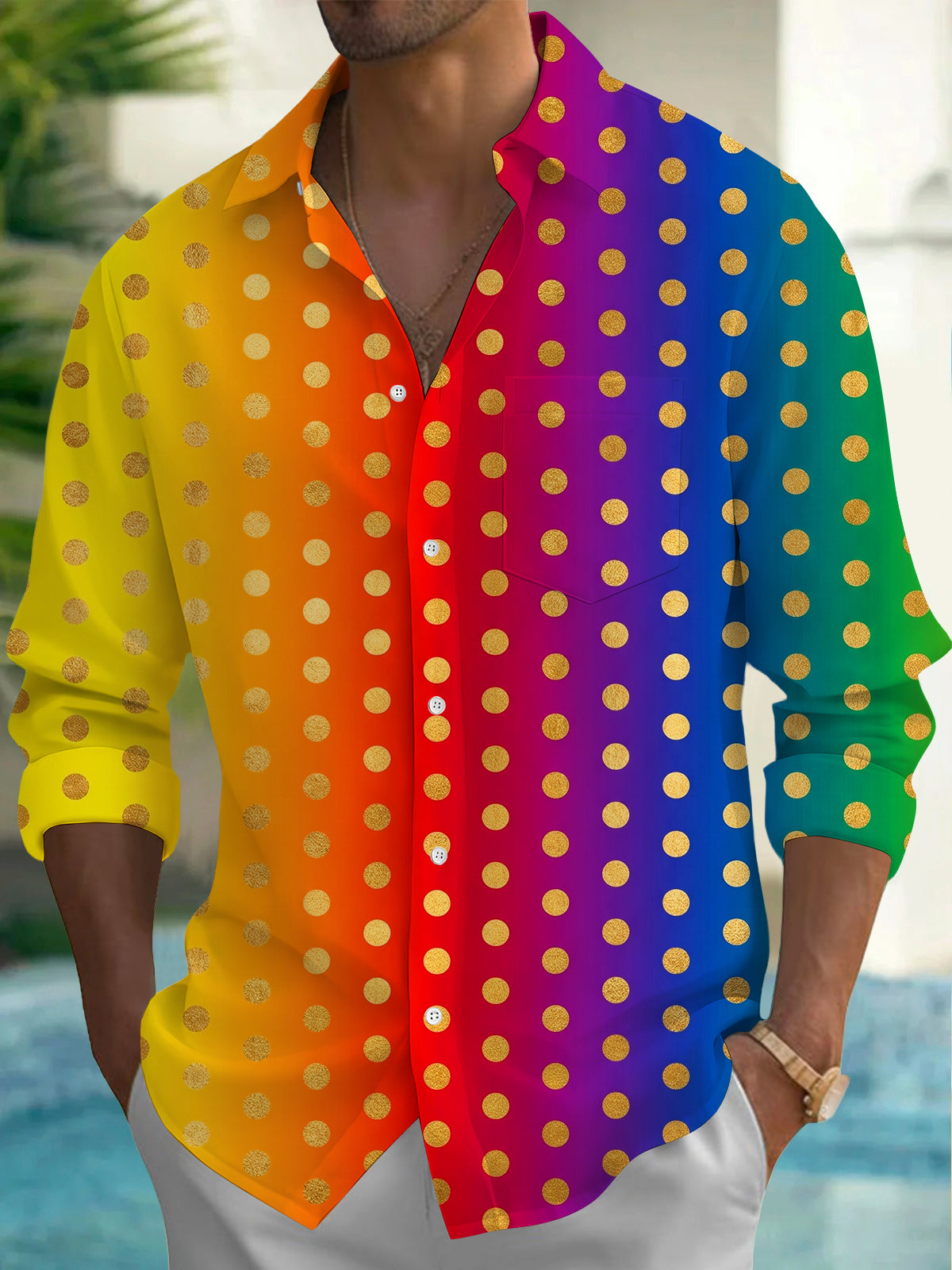 Oceanlyte Men's Patterned Gradient Polka Dots Print Long Sleeve Shirt with Chest Pocket