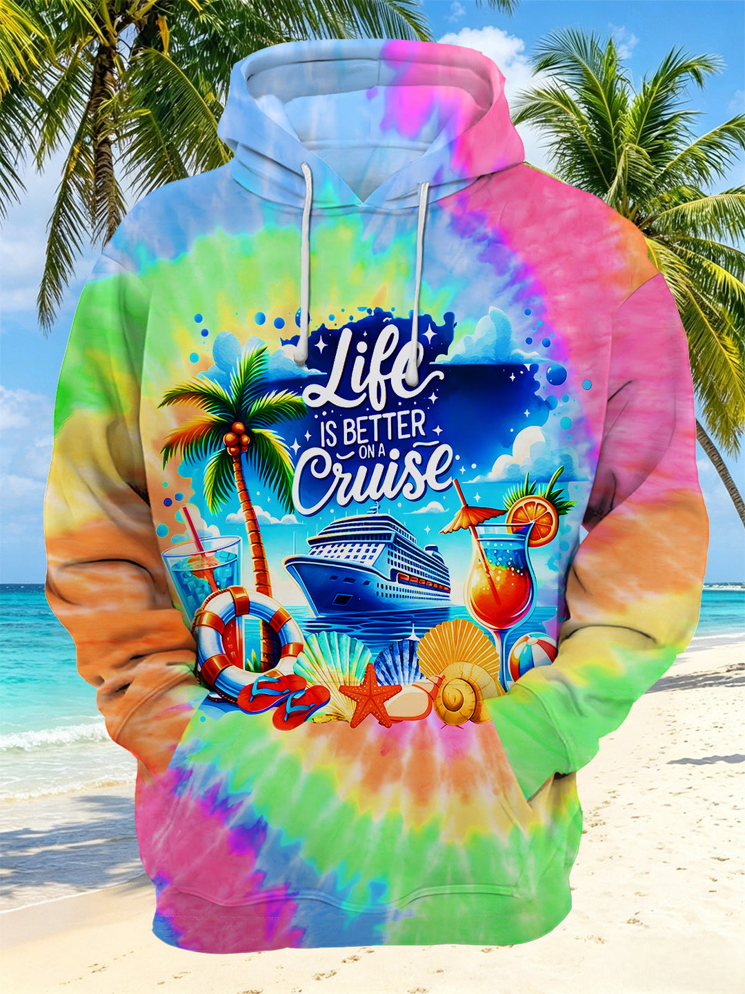 Hawaiian Colorful Tie Dye Island Cruise Life Men's Long Sleeve Pocket Hooded Sweatshirt