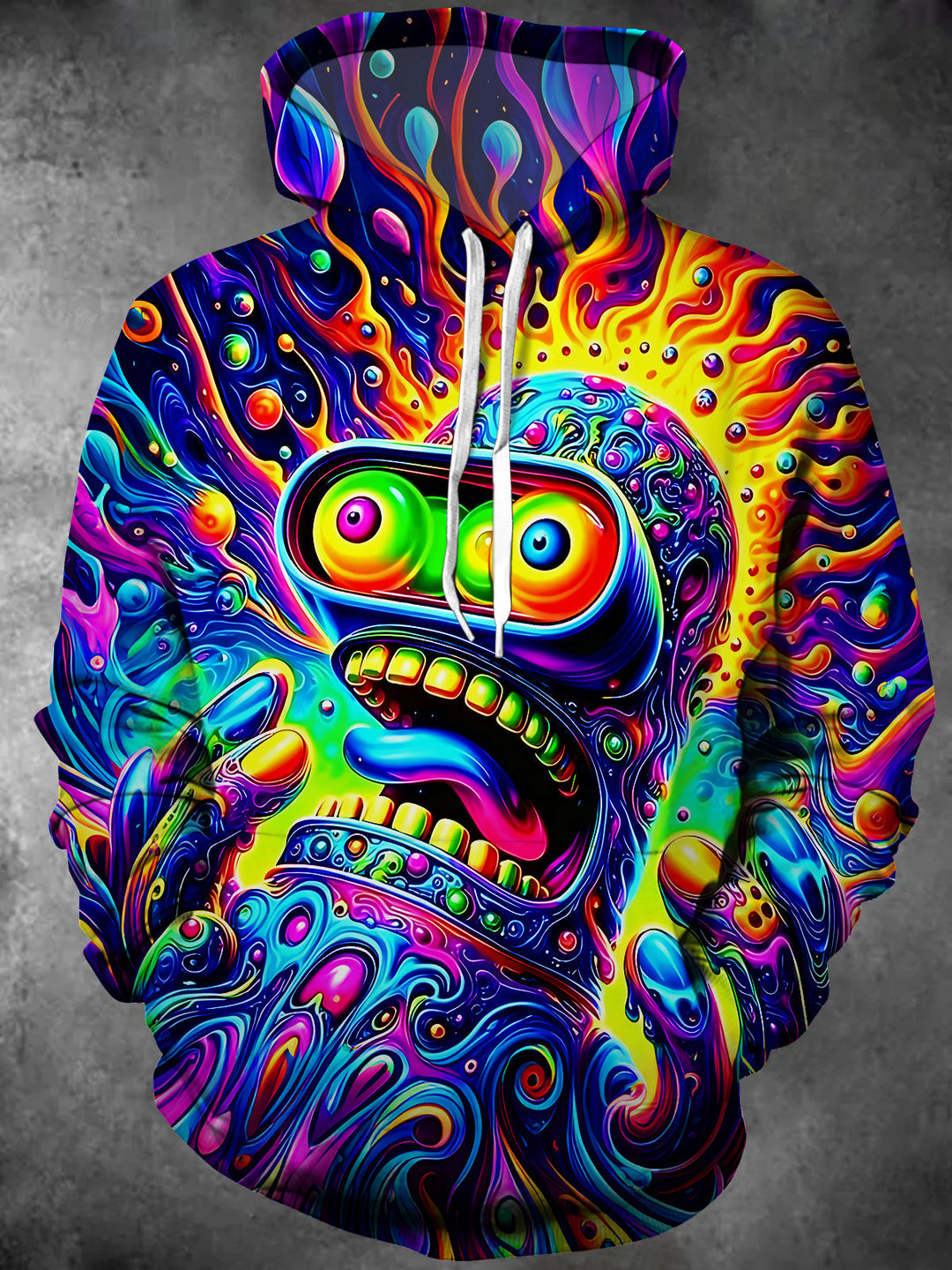 Fun Psychedelic Cartoon Robot Men's Long Sleeve Pocket Hooded Sweatshirt