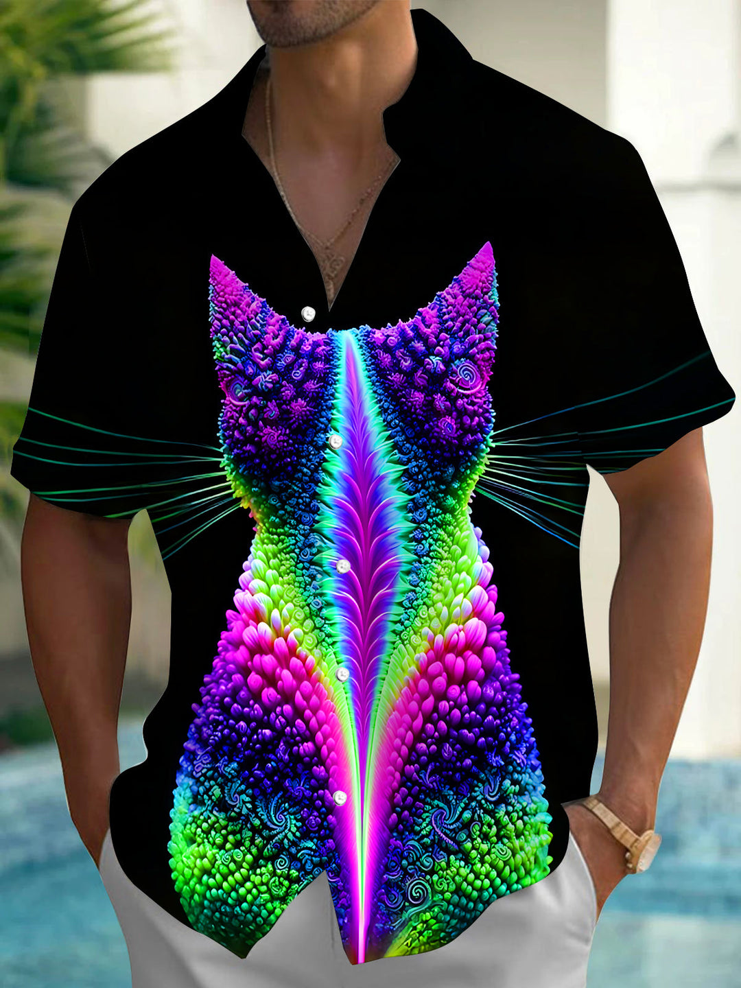 Dark Psychedelic Colorful Fractal Cat Men's Pocket Short Sleeve Shirts
