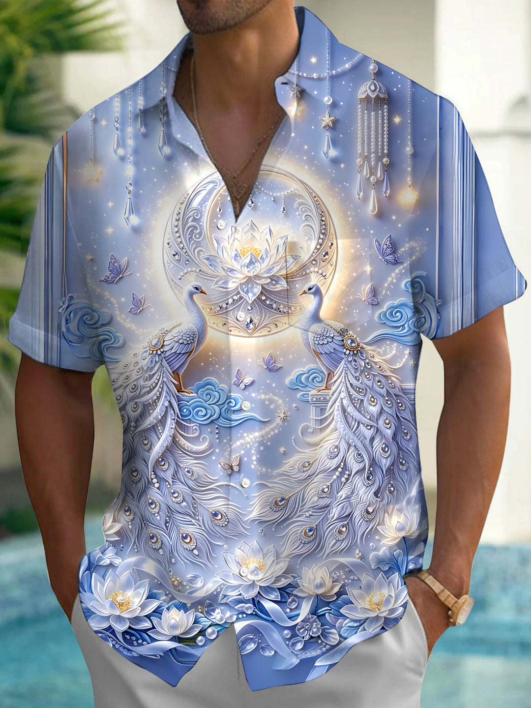 Art Relief Peacock Lotus Floral Men's Pocket Short Sleeve Shirts