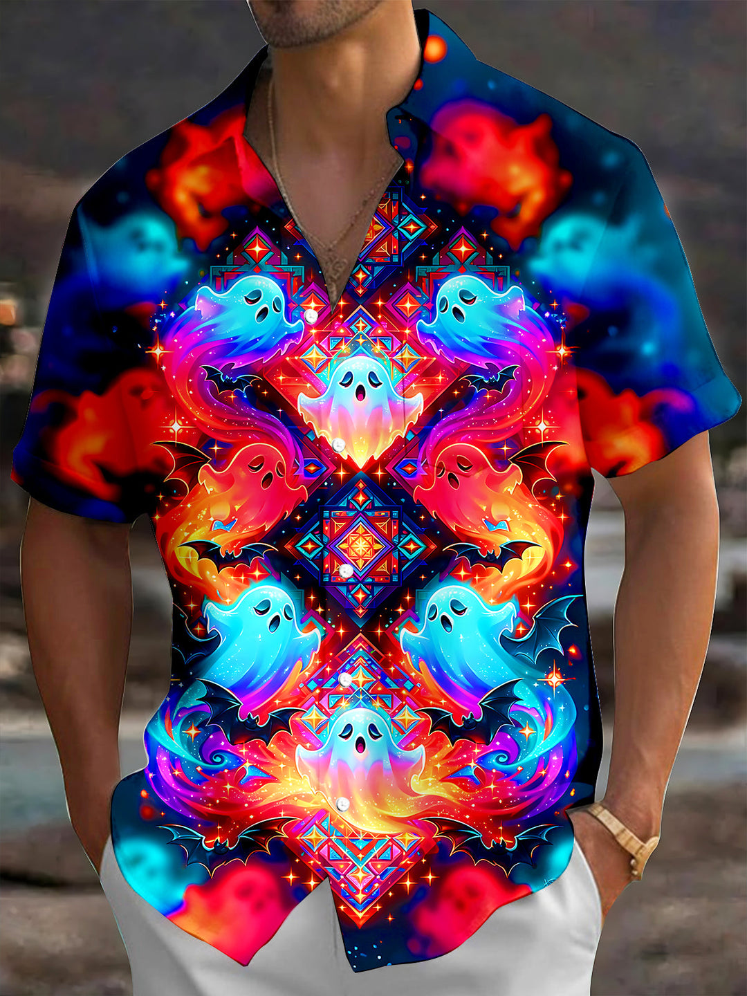Dark Neon Colorful Ghosts And Bats Men's Pocket Short Sleeve Shirts