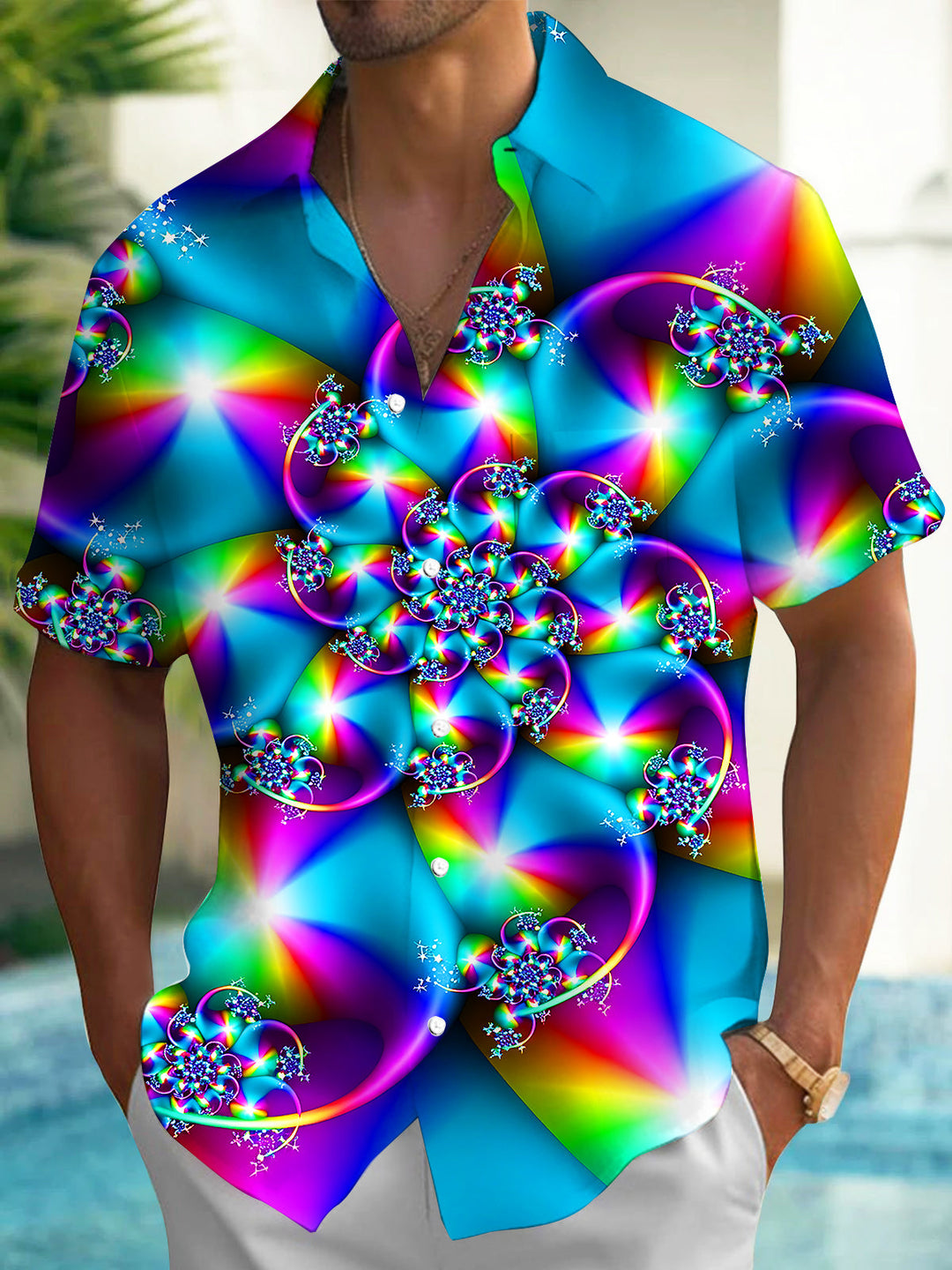 Psychedelic Colorful Abstract Spiral Fractal Pattern Men's Pocket Short Sleeve Shirts