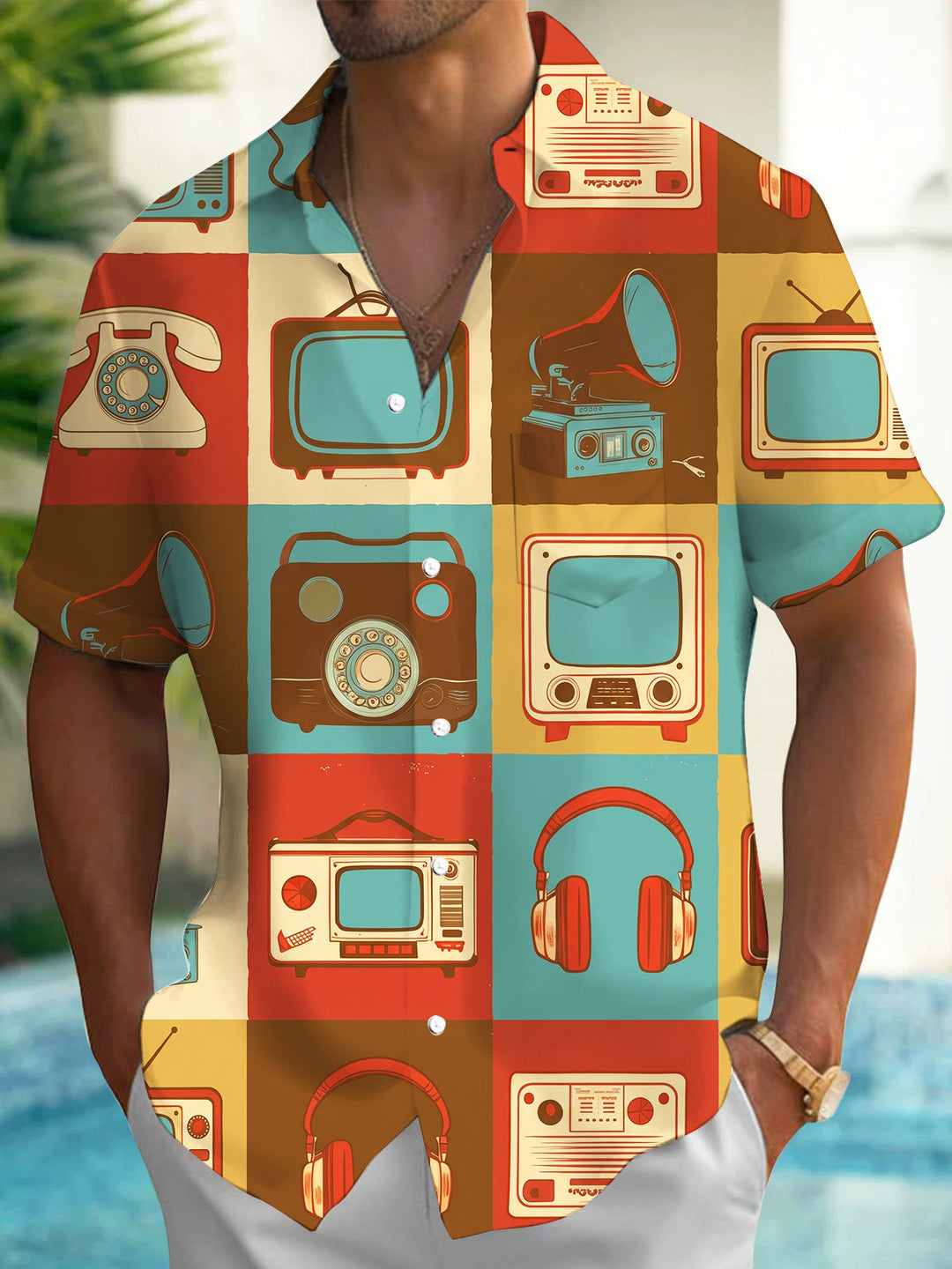 Vintage Retro Electronic Art Collage Men's Pocket Short Sleeve Shirts