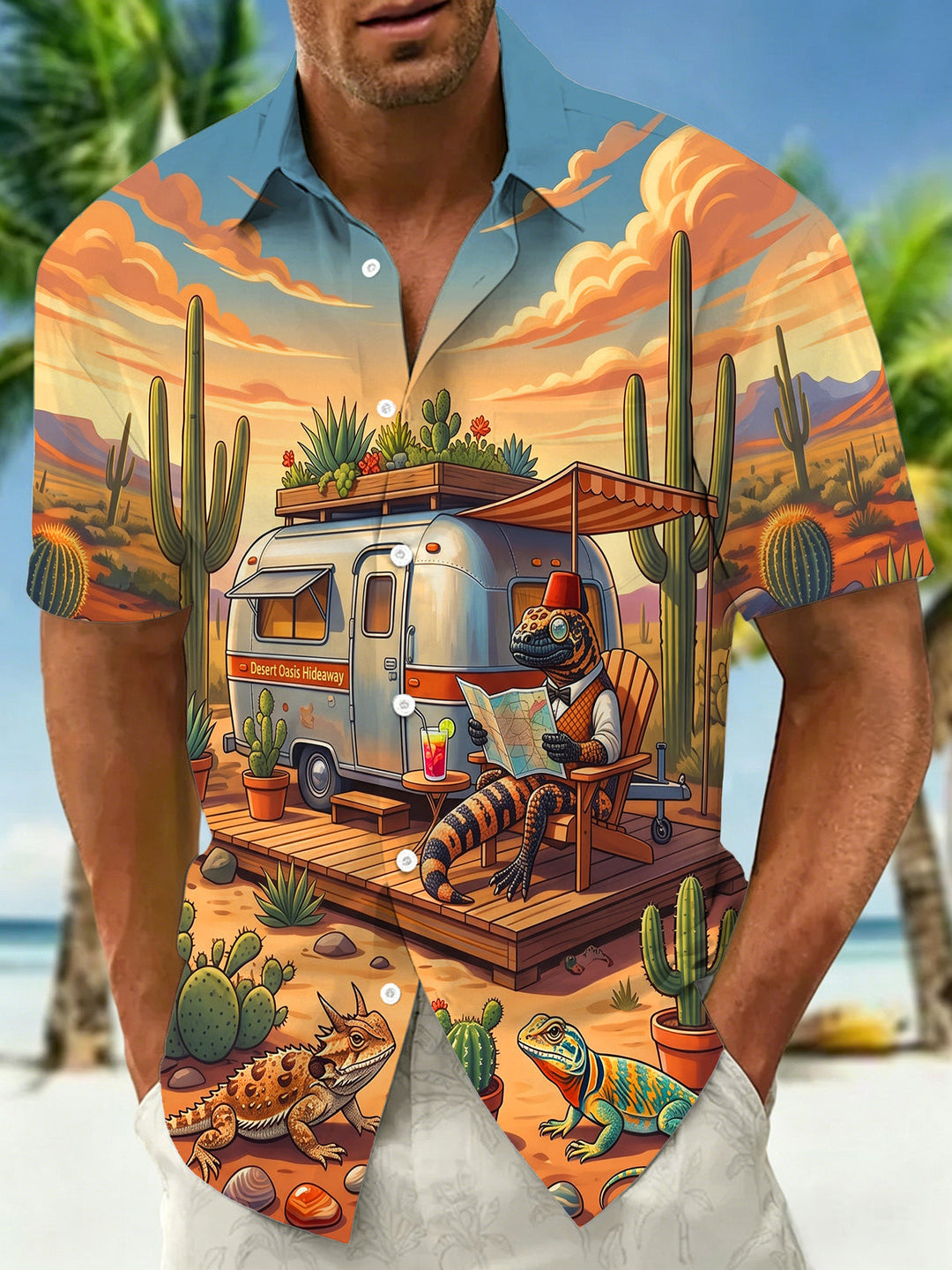 Fun Desert RV Lizard Oasis Men's Pocket Short Sleeve Shirts