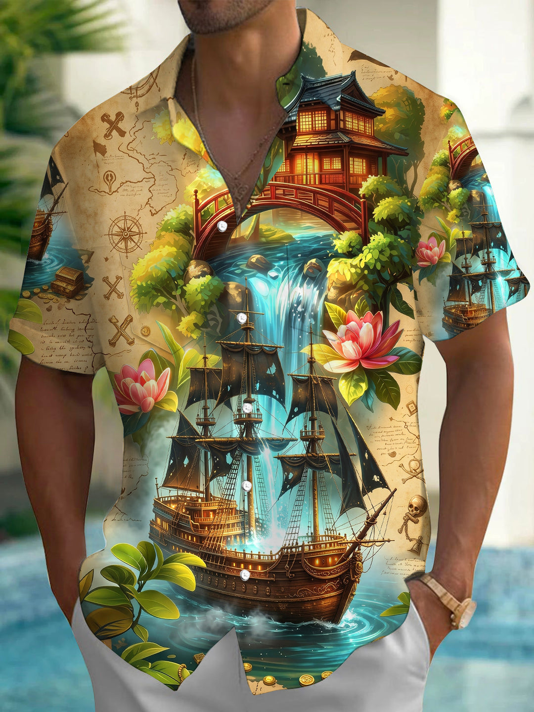 Vintage Garden Landscape Pirate Boat Floral Men's Pocket Short Sleeve Shirts