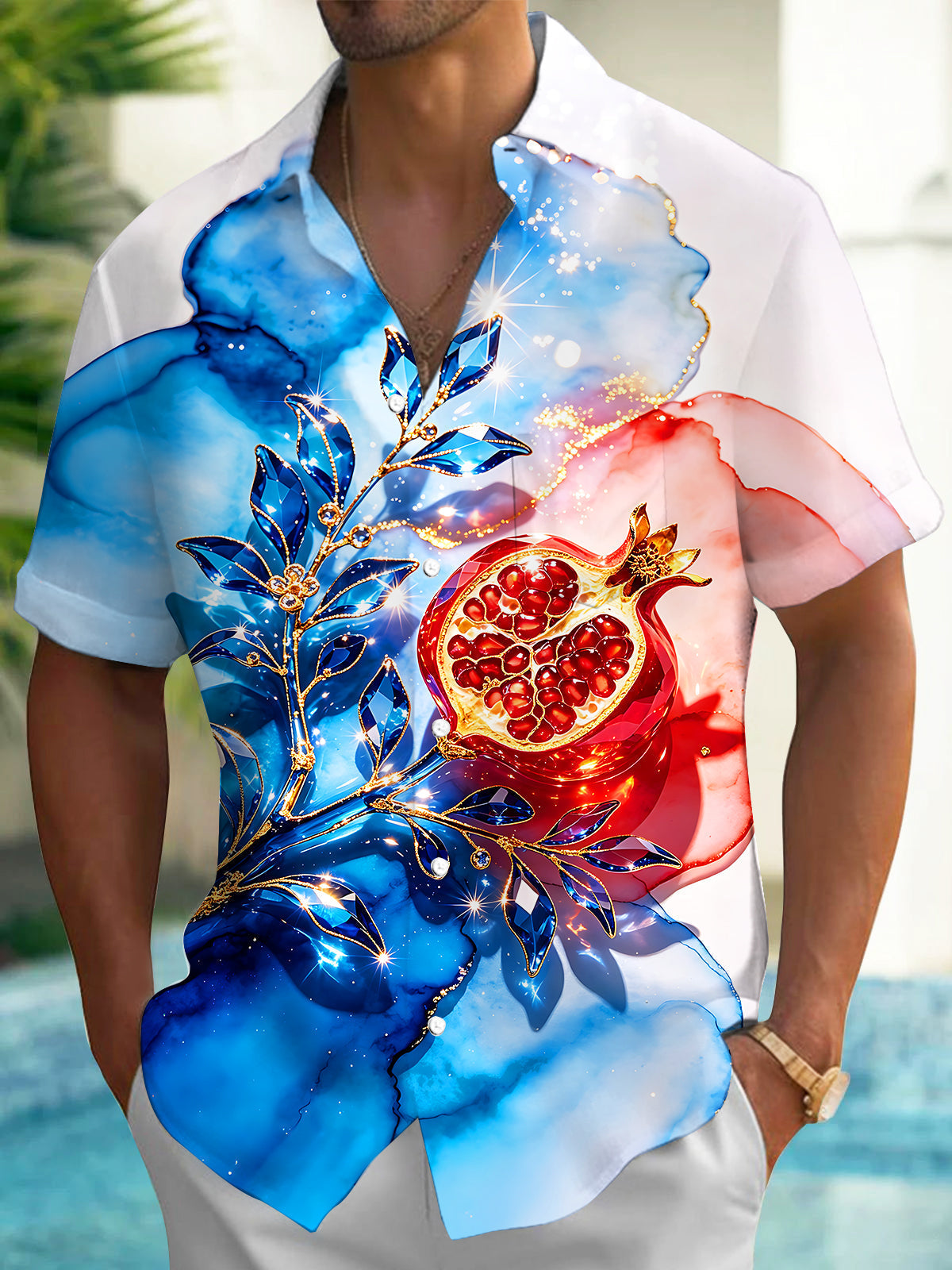 Oceanlyte Men's Hawaiian Pomegranate Fruit Print Short Sleeve Shirt with Chest Pocket