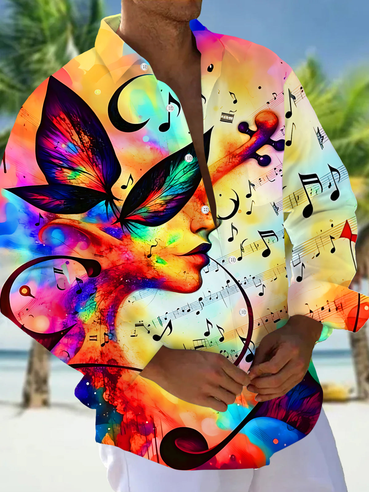 Oceanlyte Men's Colorful Butterfly Portrait Print Long Sleeve Shirt with Chest Pocket