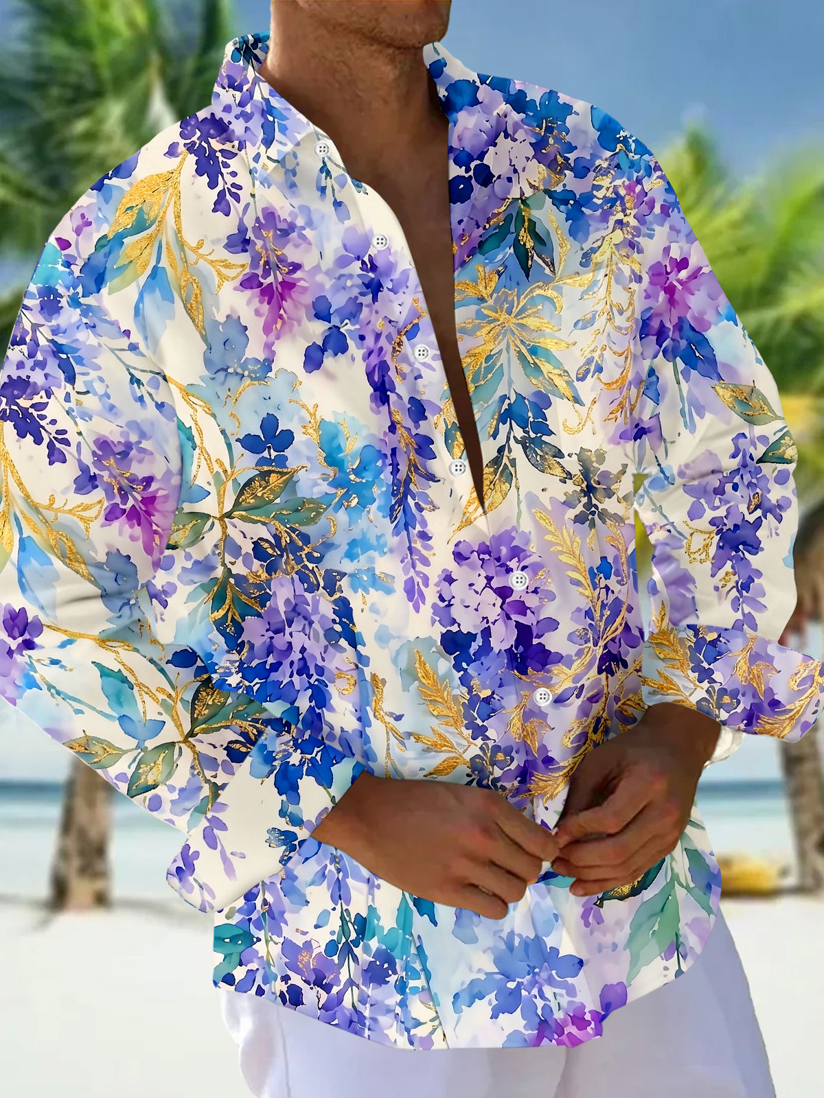 Oceanlyte Men's Purple Gold Wisteria Floral Print Long Sleeve Shirt with Chest Pocket