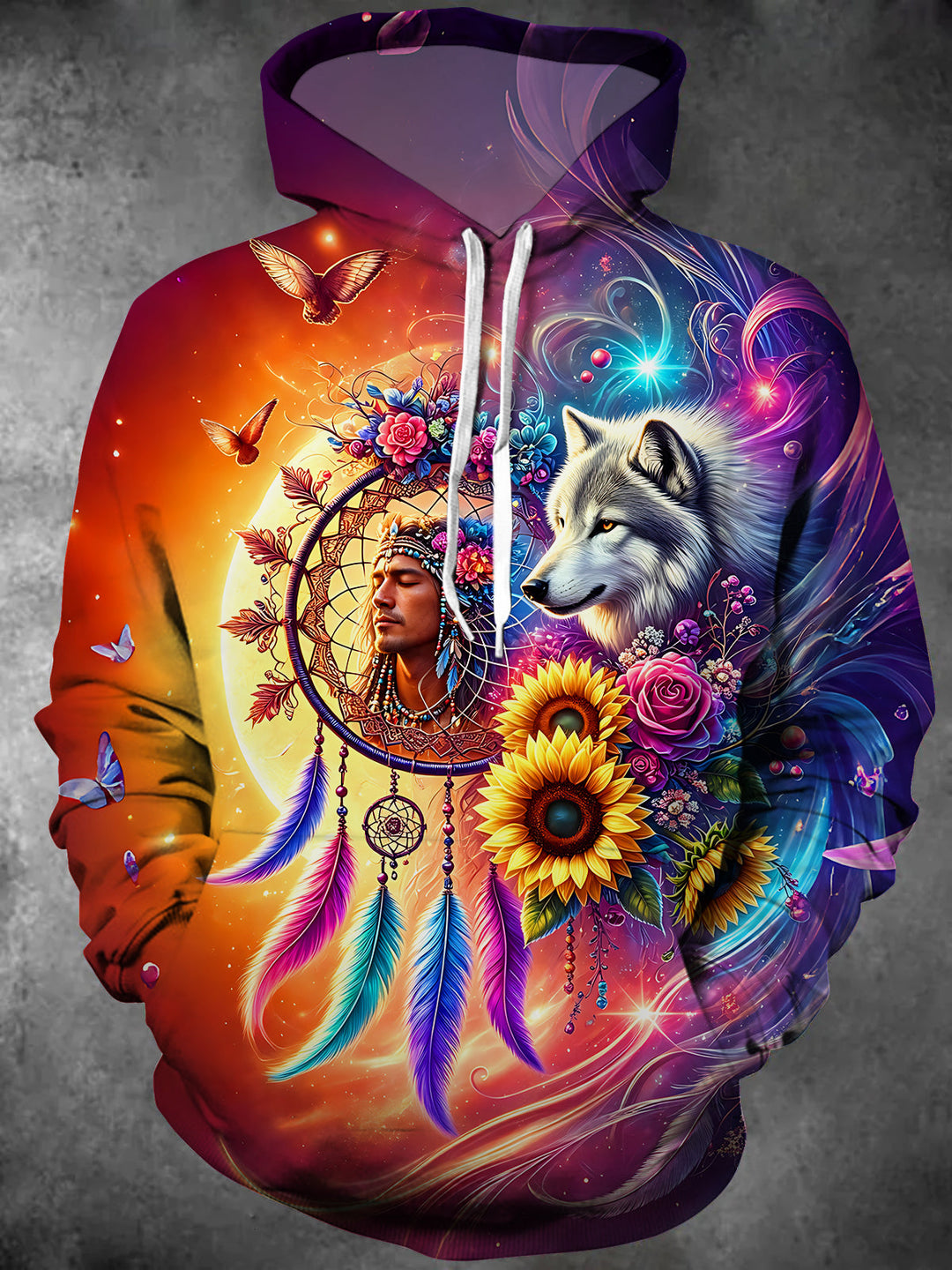 Wolf And Dreamcatcher Sunflower Men's Long Sleeve Pocket Hooded Sweatshirt