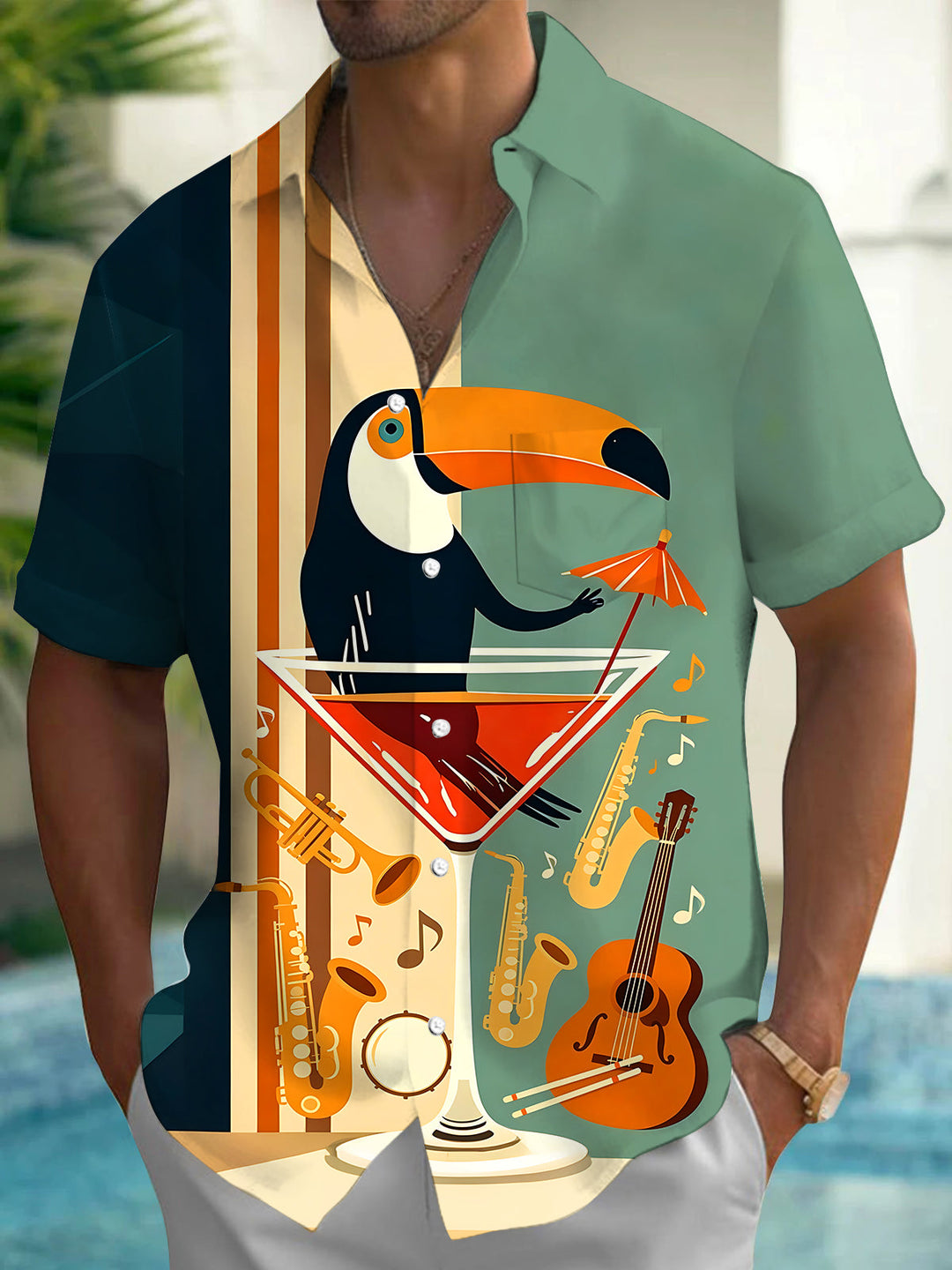 Oceanlyte Men's Toucan In Martini Glass Print Short Sleeve Shirt with Chest Pocket