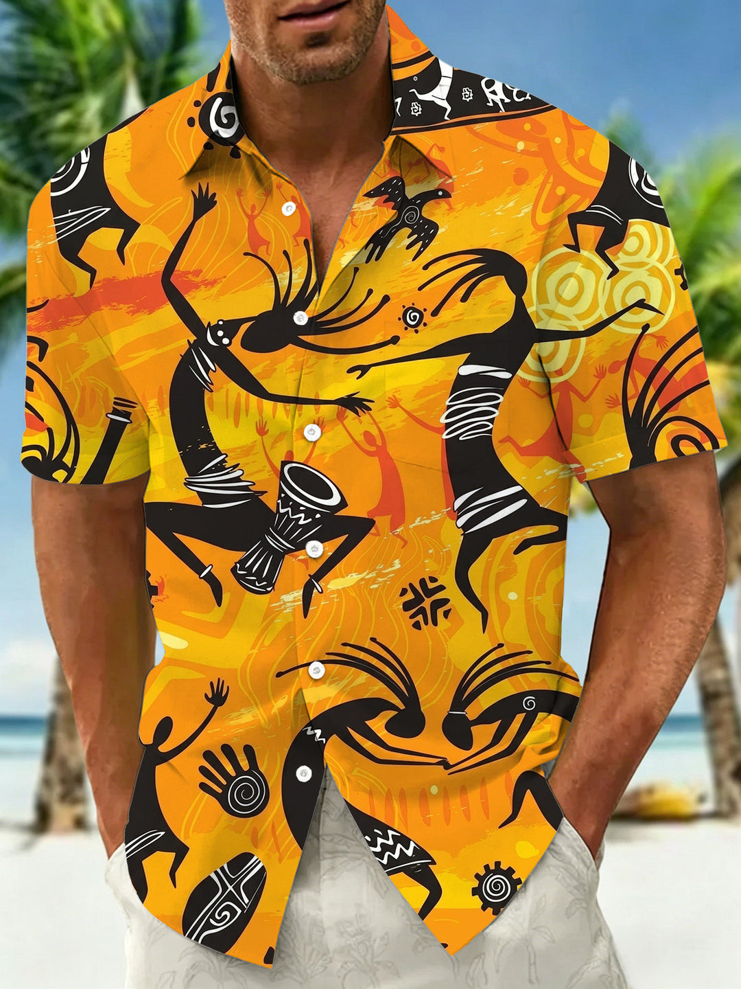 Oceanlyte Men's Primitive Tribal Dancers Print Short Sleeve Shirt with Chest Pocket