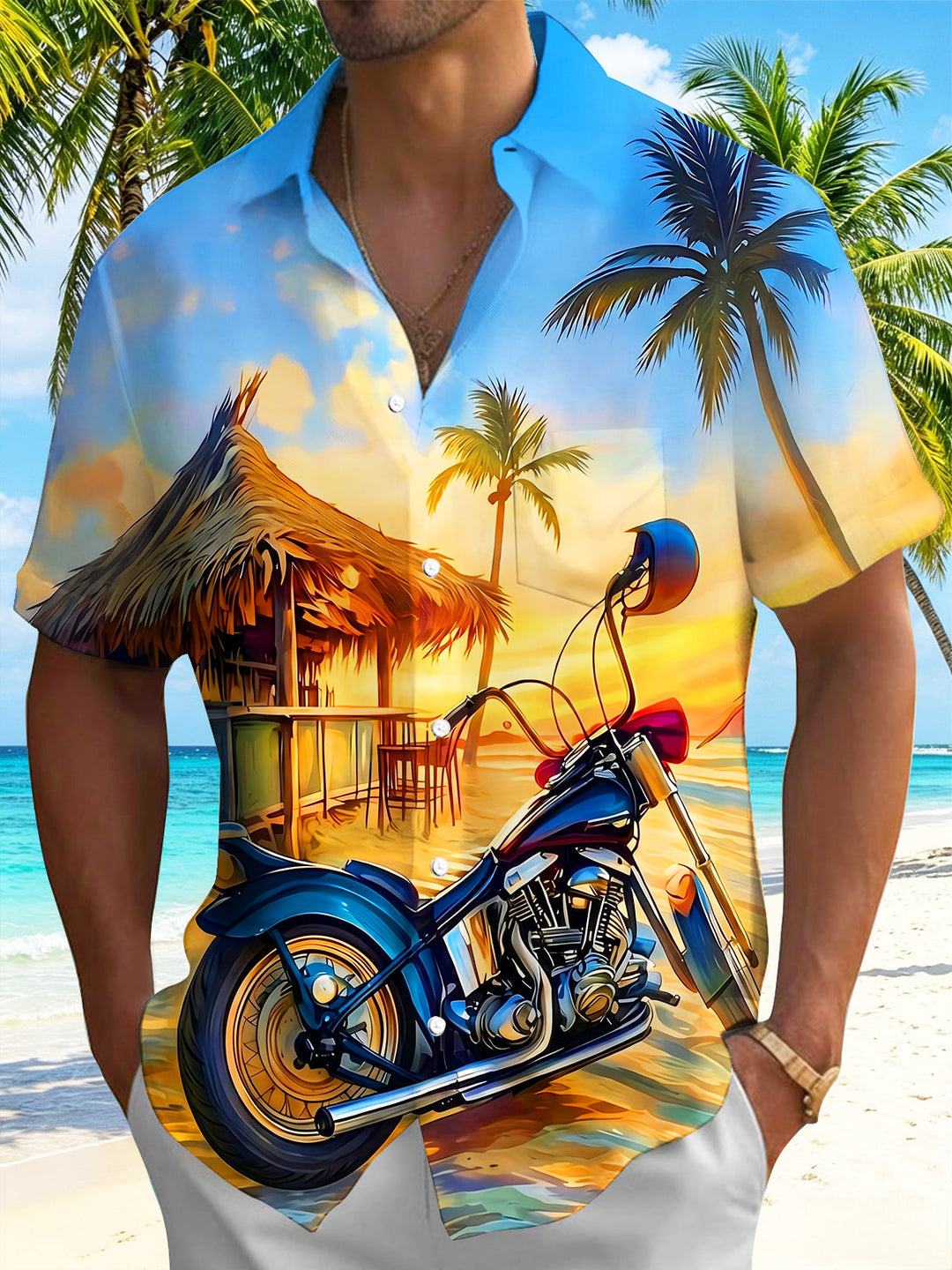 Oceanlyte Men's Hawaiian Motorcycle On Beach Print Short Sleeve Shirt with Chest Pocket