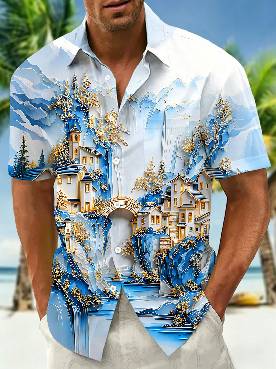 Oceanlyte Men's Graphic Paper Cut Landscape Print Short Sleeve Shirt with Chest Pocket